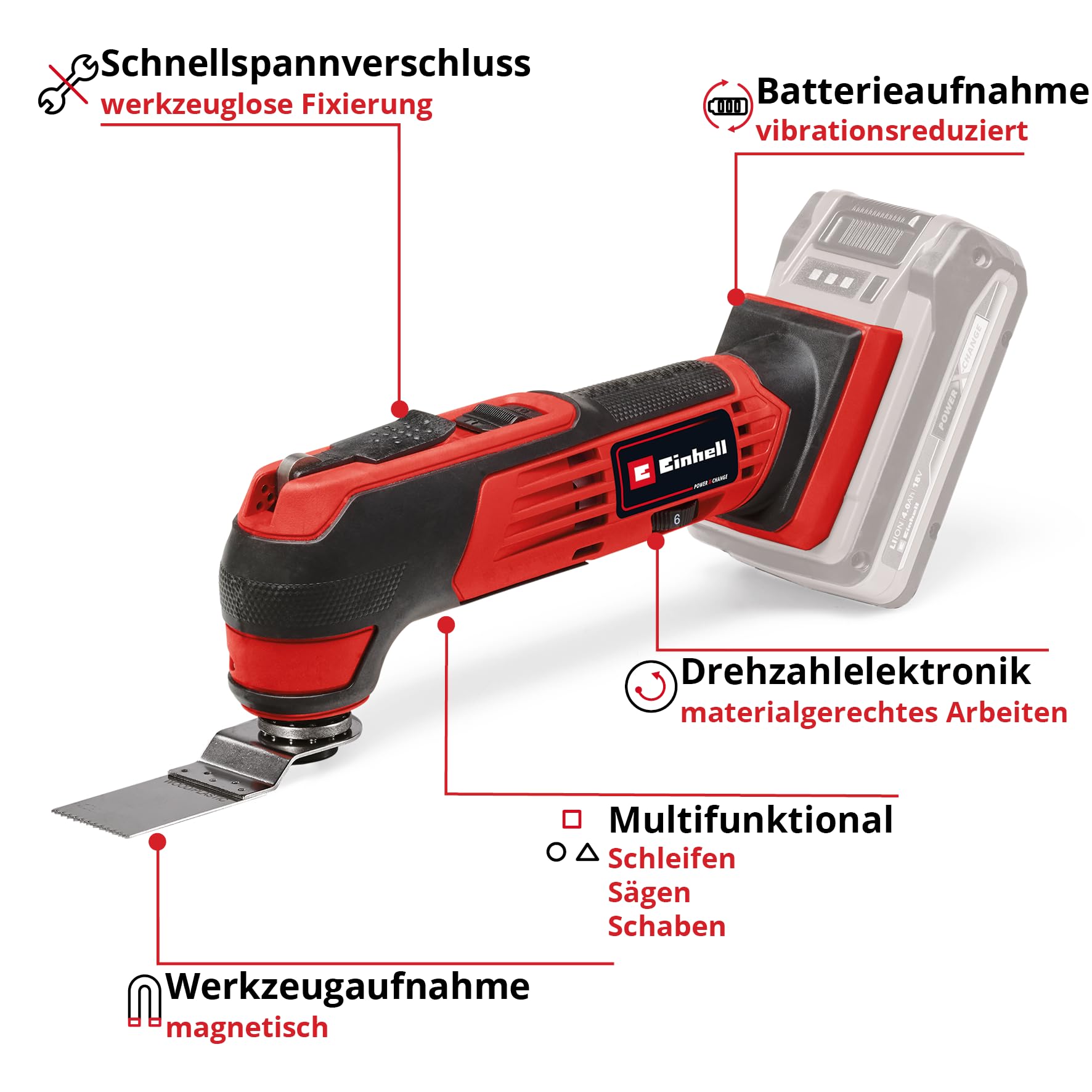 Einhell Akku-Multifunktionswerkzeug TE-MG 18/1 Li - Solo Power X-Change (18 V, 3 Funktionen, magnetische Werkzeugaufnahme, Drehzahlelektronik, inkl. Zubehör, ohne Akku)