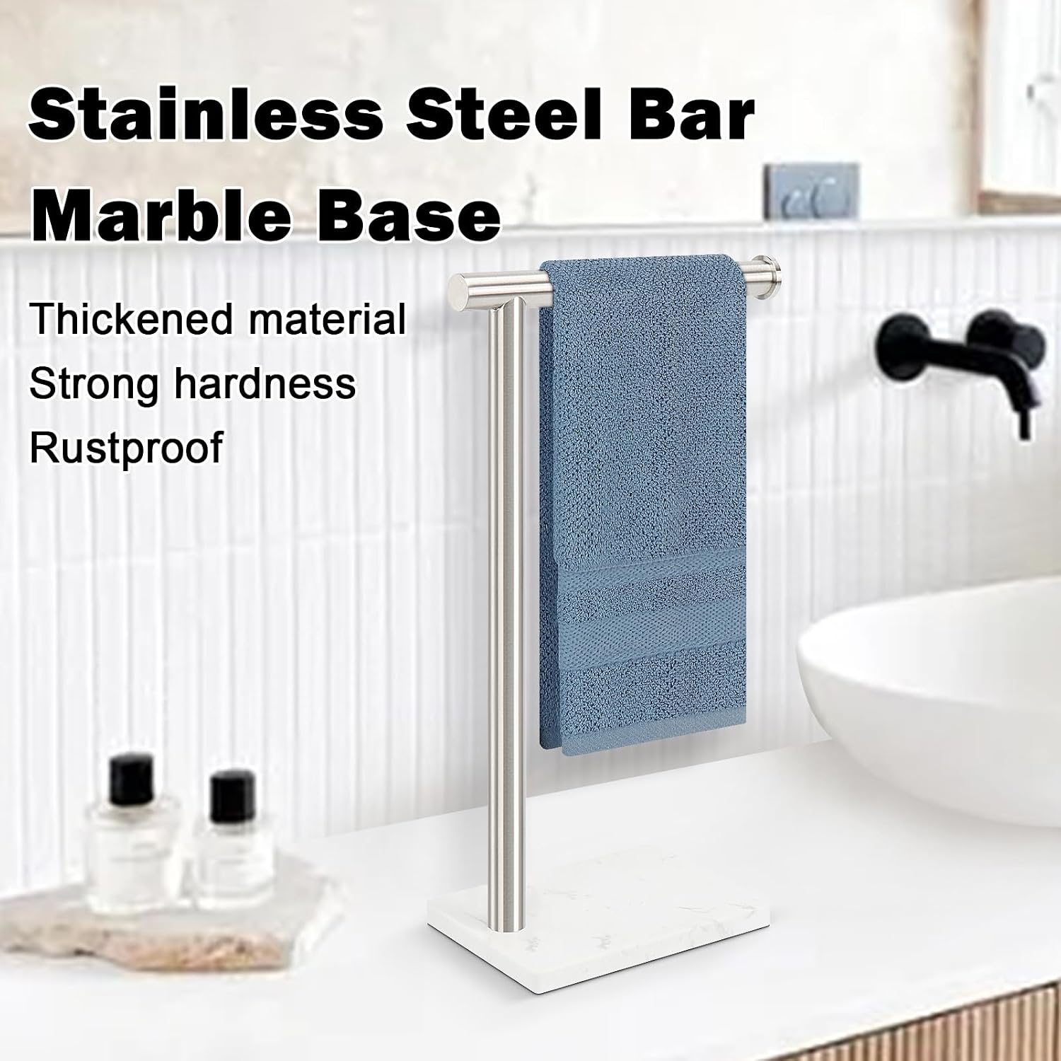 Standing Hand Towel Holder with Marble Base, 304 Stainless Steel Towel Rack, Countertop Stand Towel Ring for Bathroom (Brushed Nickel)