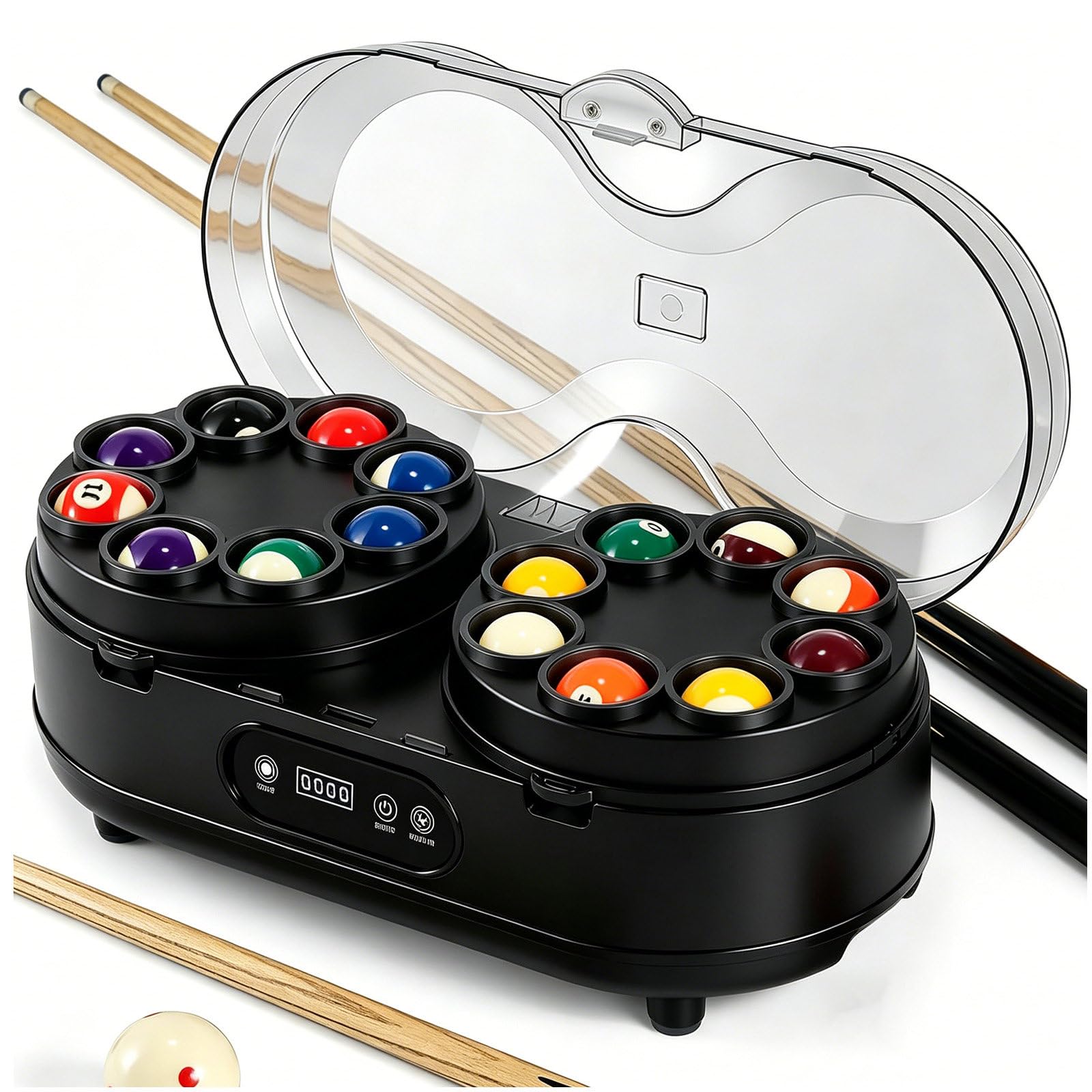 Intelligenter Billardkugel-Reiniger, automatische Poliermaschine für Poolbillardkugeln, LCD-Touchscreen, Doppelmotor & Rotation in beide Richtungen Black-52.5mm/2.07"
