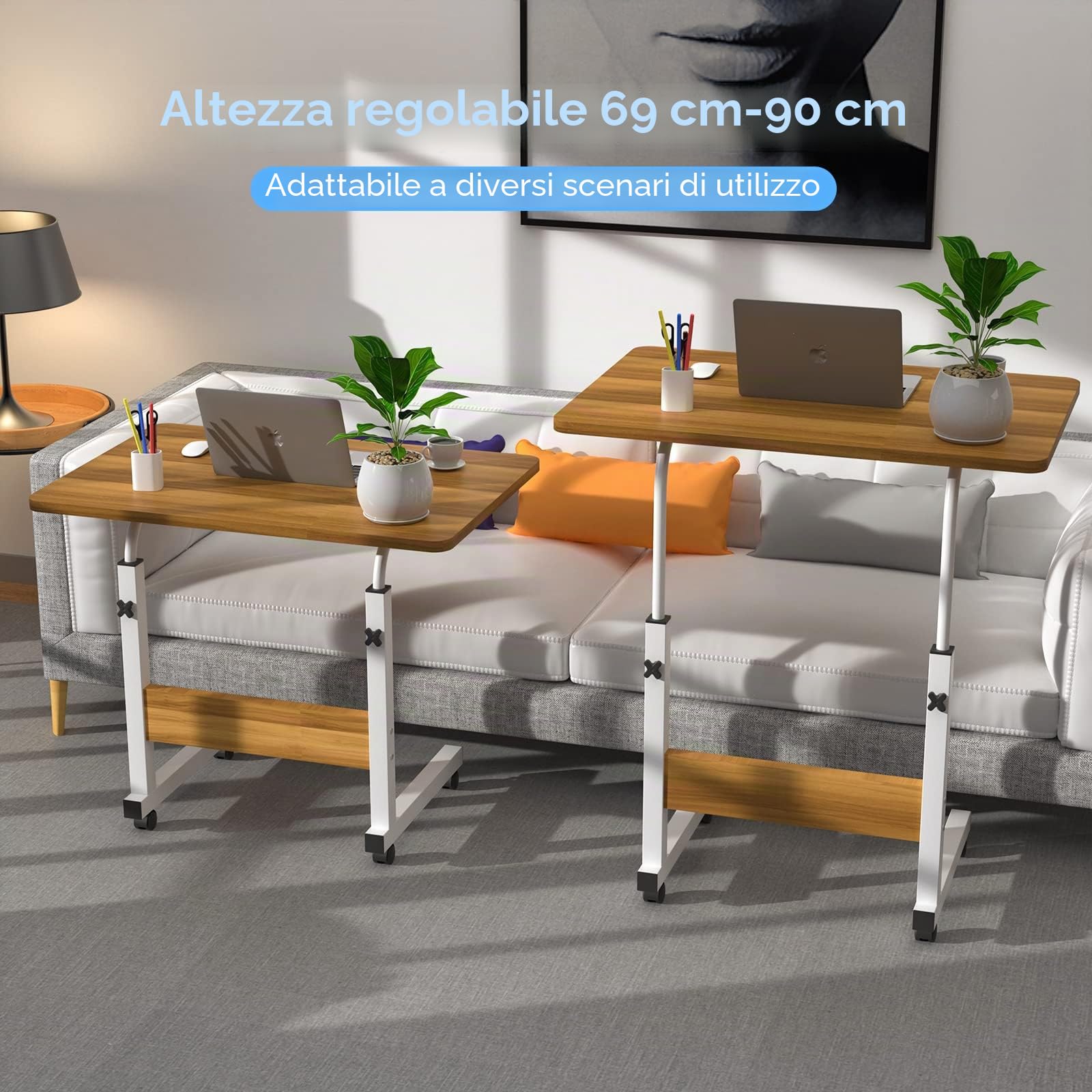 PIPIPOXER Tavolo per Computer Portatile con Ruote 60 x 40 cm, Altezza Regolabile 69-90 cm, Scrivania Mobile Girevole 360°, Legno