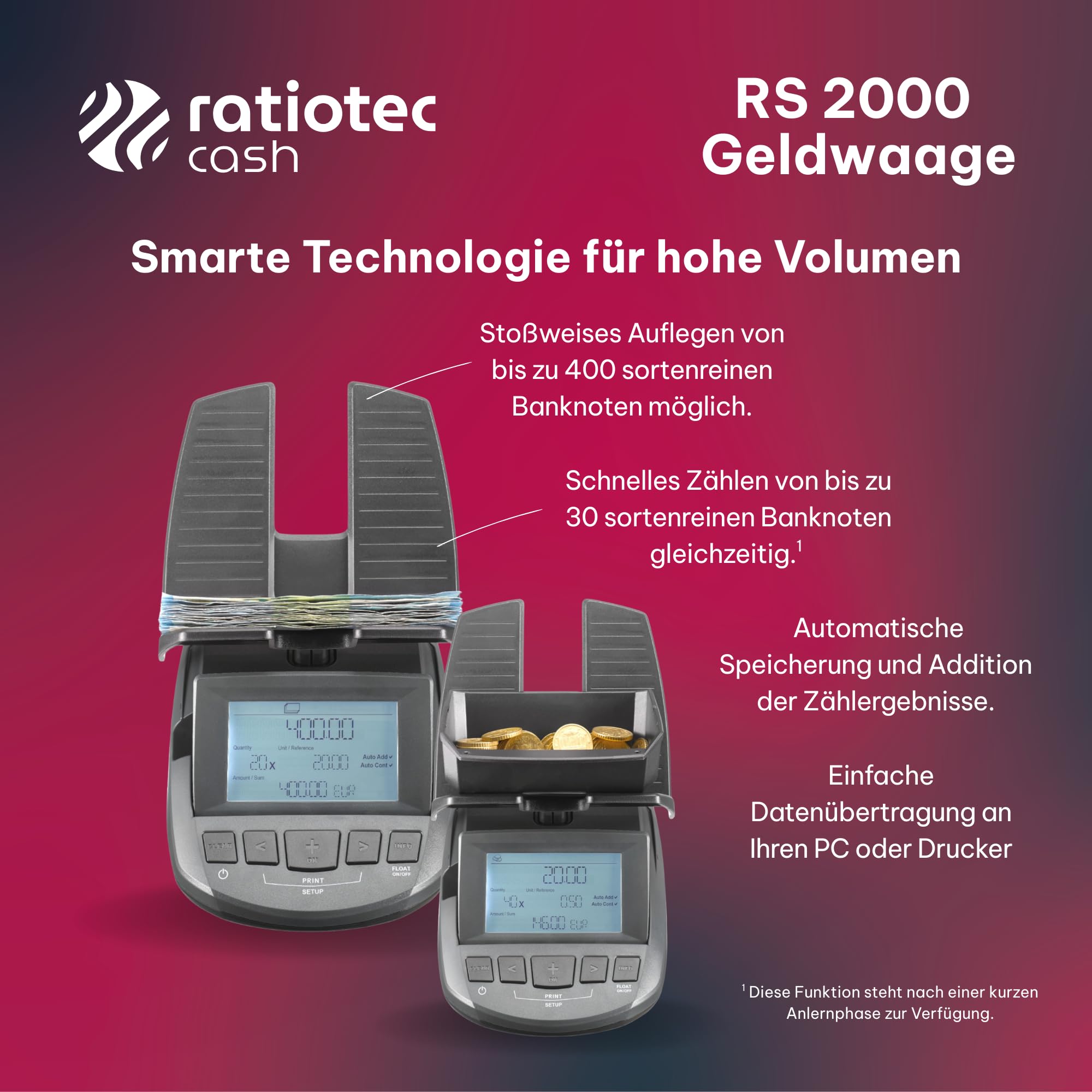 ratiotec RS 2000 Geldwaage - Geldzählmaschine für Scheine und Münzen - Münzzähler mit dynamischer Wiegefunktion - Kassenabrechnung in unter 2 Min. - Made in Germany