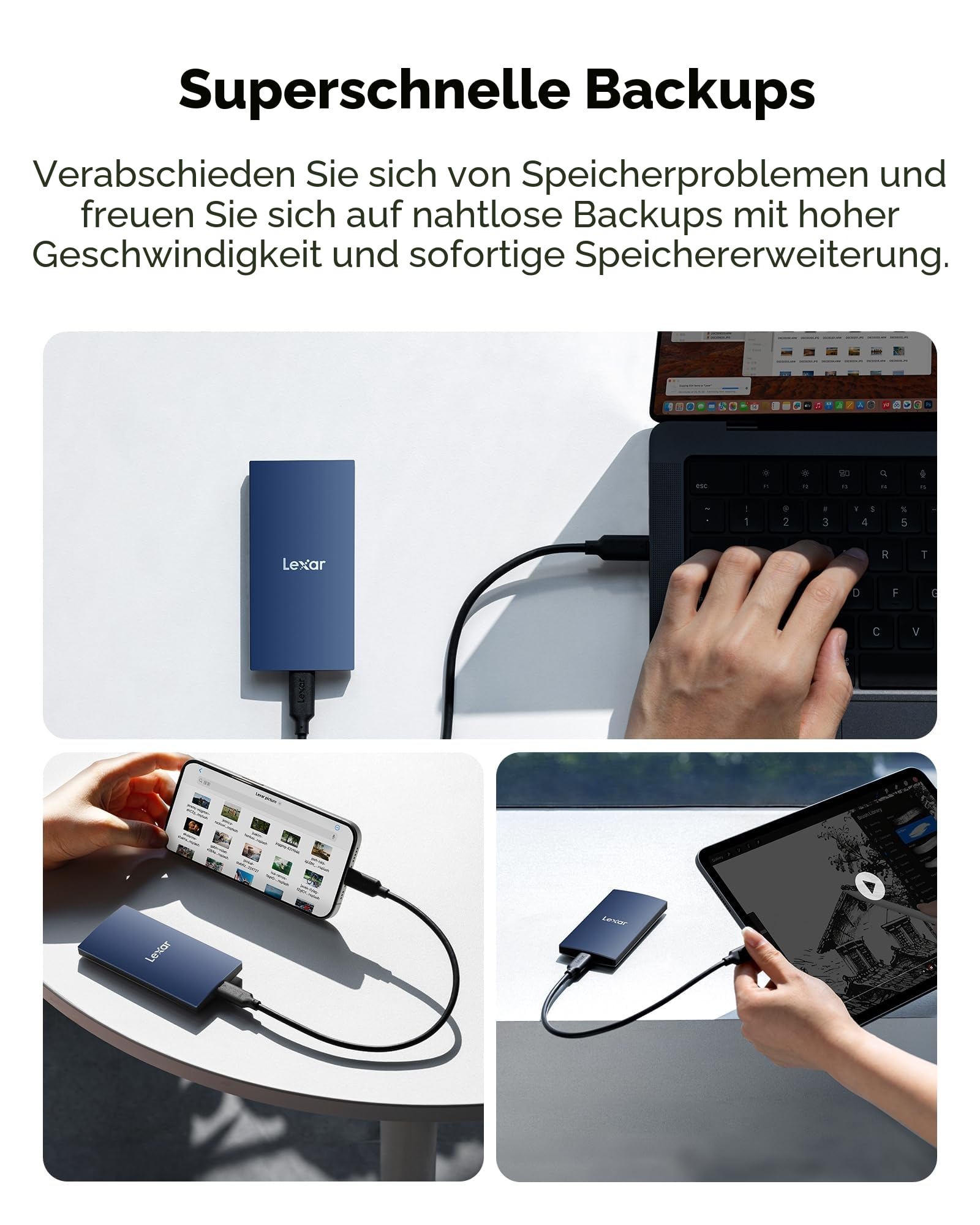 Lexar ES3 Externe SSD 1TB, USB 3.2 Gen2 Portable SSD, bis zu 1.050 MB/s Lesen, 1.000 MB/s Schreiben, Tragbare SSD für iPhone15-Serie/Mac/PS5/XBOX/Laptop/PC und Spielkonsole (BLAU)
