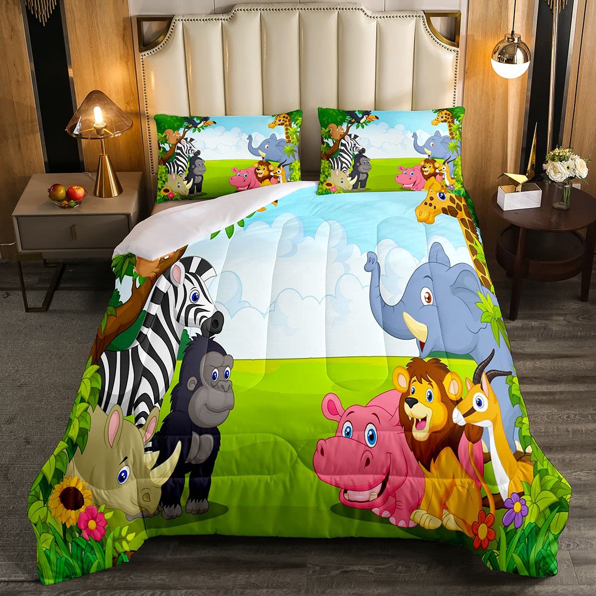 Feelyou Kids Cartoon Animal Soft Comforter Set Jungle Elephant Lion Zebra Giraffe Monkey Bedding Set Cute Quilt Set Bedroom Collection 2Pcs Twin Size