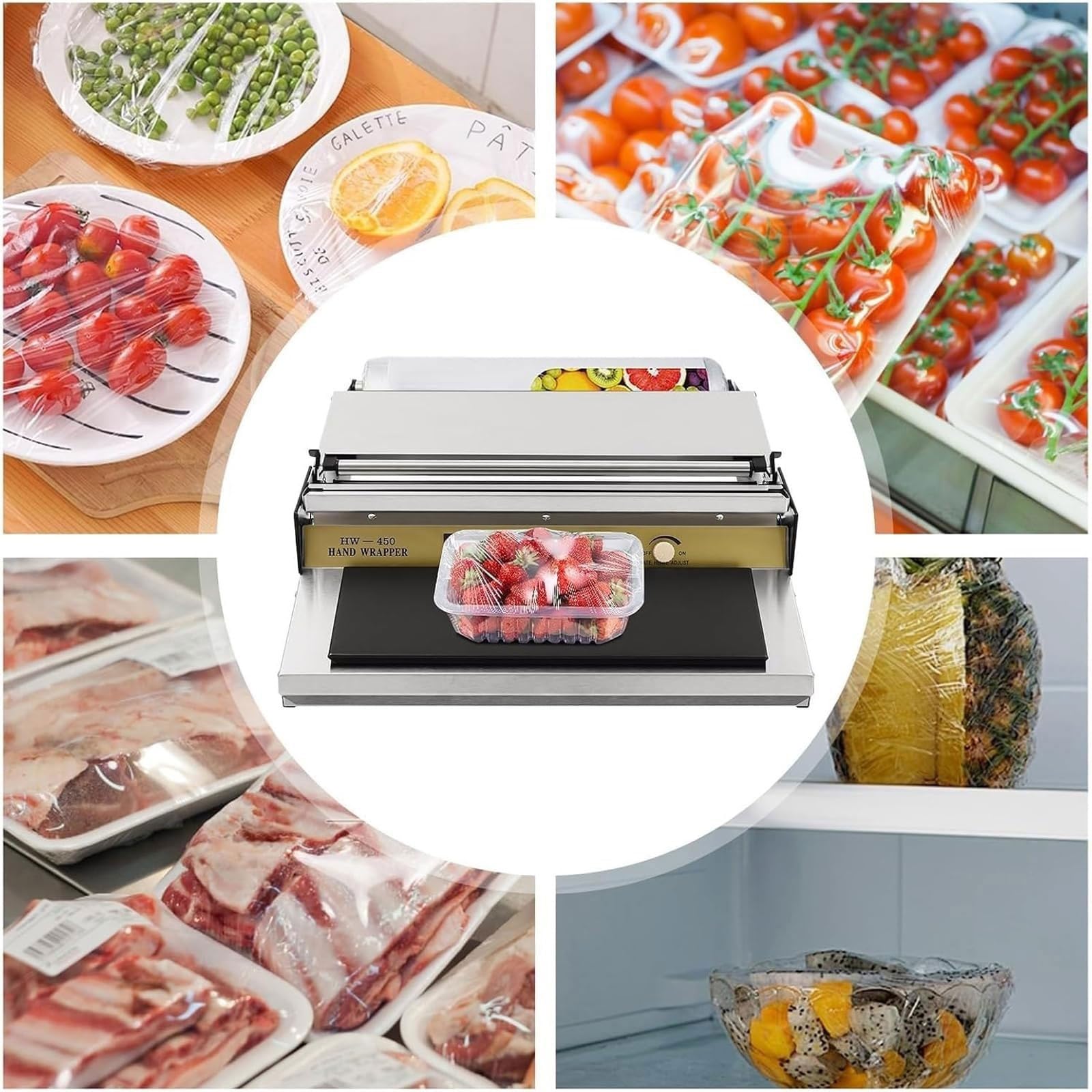 Dispensador película envoltura alimentos mano 300W for envasado alimentos | Máquina envolvedora de película de 18 "/450 mm, dispensador de envoltura de película elástica, acero inoxidable, for carne