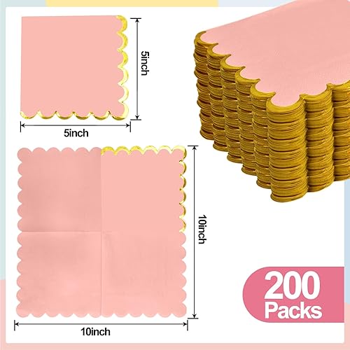 Miniatura 2 de 200 unidades de servilletas de papel rosa con ribete dorado de oro para cócteles, servilletas desechables rosa para bebidas, para suministros de