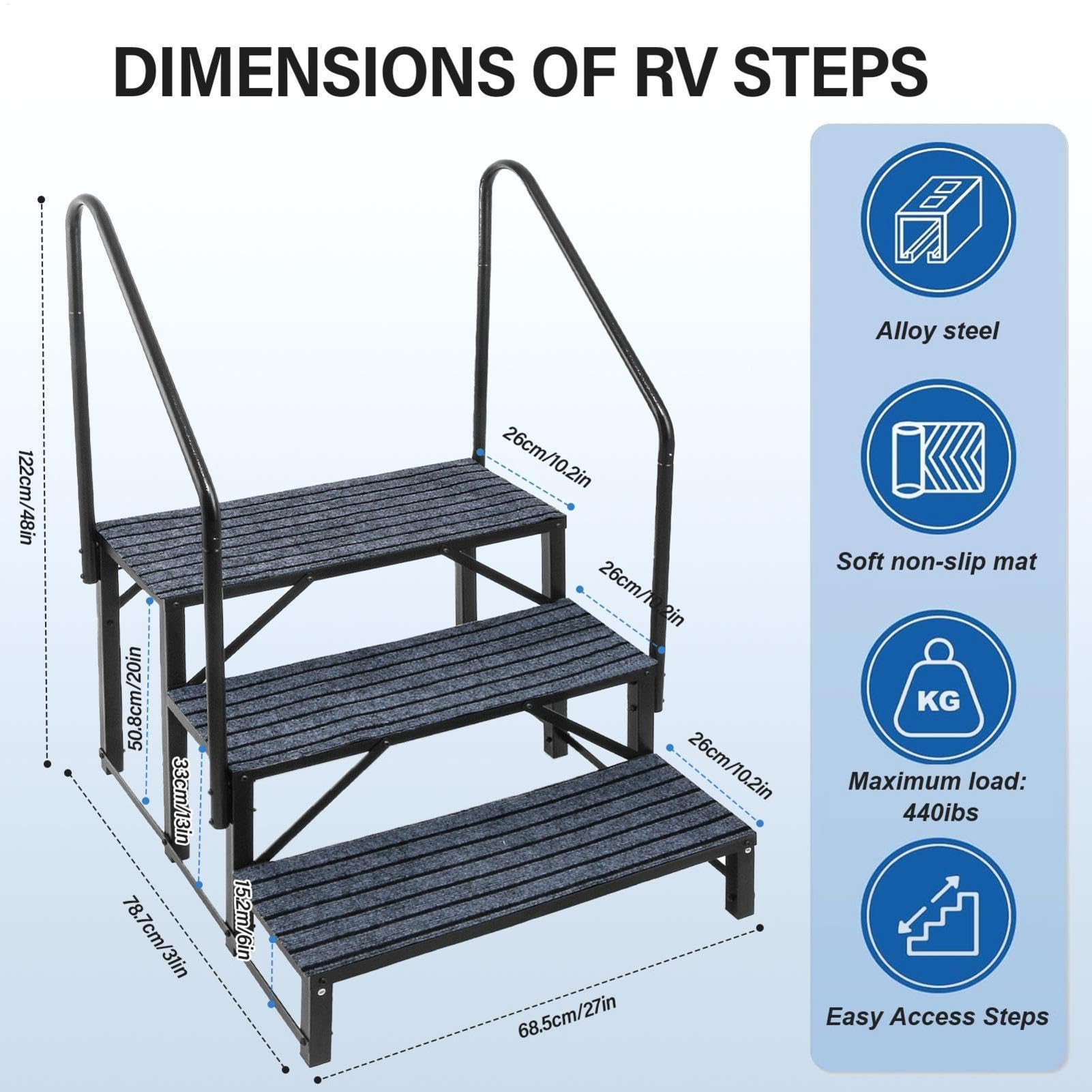Wohnmobil-Treppe, tragbare 3-stufige Wohnmobilleiter, robuste Wohnwagentreppe mit Handlauf, 200 kg, für Reiseanhänger, Spa, Haustiersicherheit