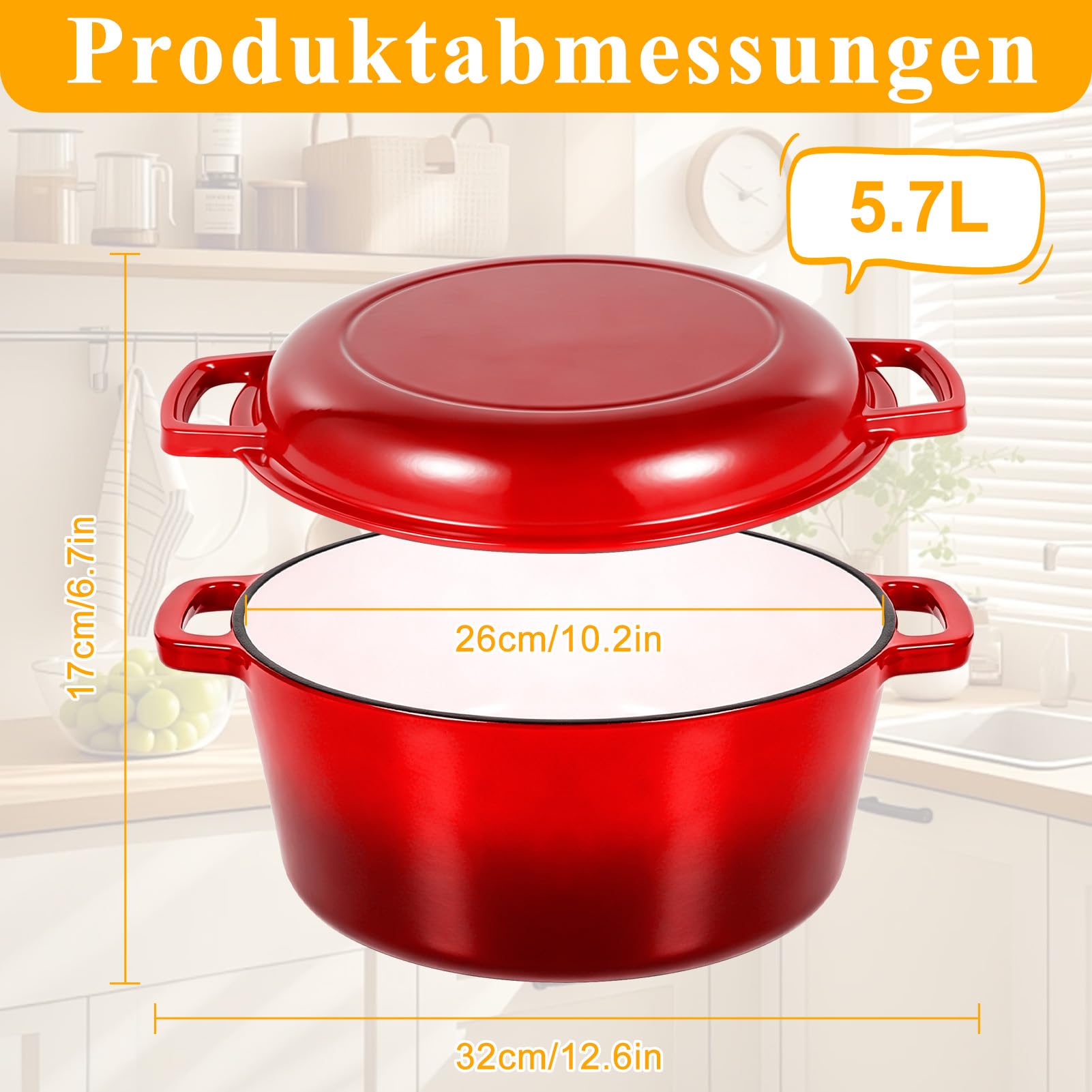 Gusseisen Topf Brot Backen, 5,7L Bräter Emaille Schmortopf mit Deckel und Griffen, 26 cm Dutch Oven, Brotbacktopf für Selbstgemachte mit Zwei-in-Eins-Emaillebeschichtung
