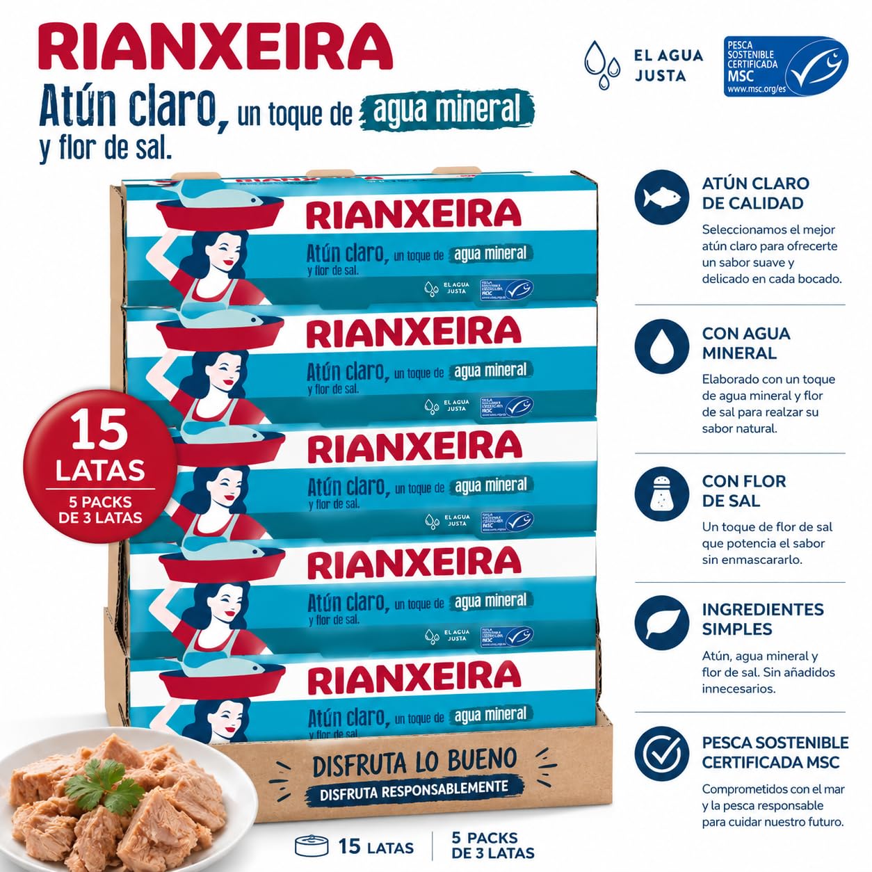 Rianxeira Atún Claro en Agua Mineral con Flor de Sal | Pack 15 Latas | Atún en Conserva Rico en Proteínas | Formato Ahorro