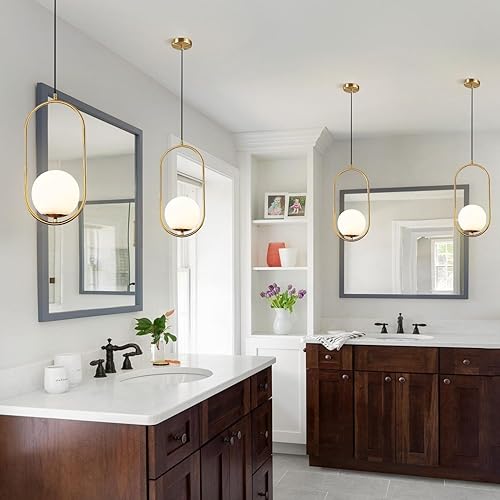 Miniatura 5 de BOKT Lámpara colgante moderna de mediados de siglo con globo de latón cepillado dorado para isla de cocina, 1 luz, lámpara colgante de techo con