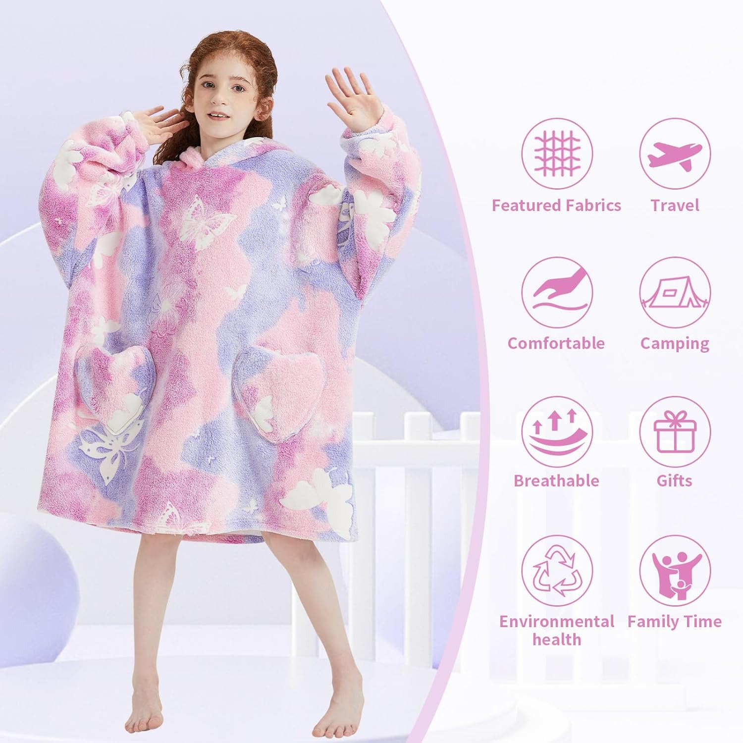 Fiosnow Glow in the Dark Butterfly Blanket Hoodies for Kids 6-13YR Oversize Wearable Blanket Hoodies for Boys Girls Teens - Image 4