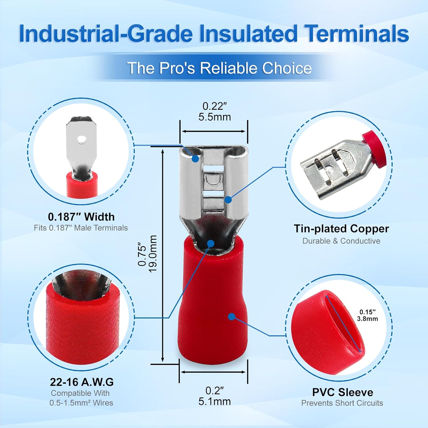 Baomain 0.187" Female Quick Disconnect Spade Terminals,Insulated Crimp Connectors 22-16 AWG 4.8mm (3/16 inch),Red,(1000-Pack)