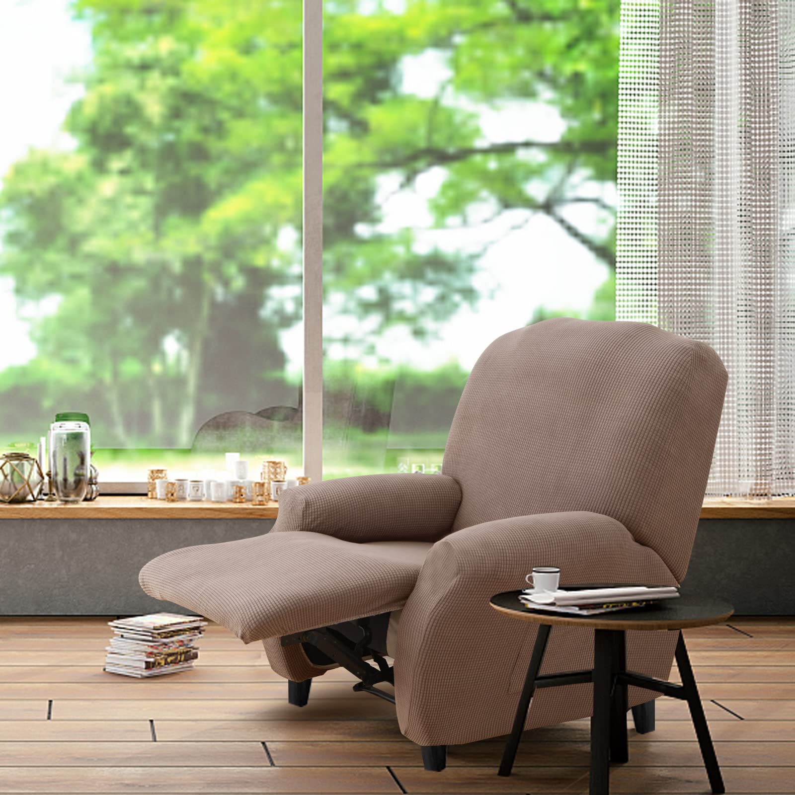Lydevo Copripoltrona Relax Reclinabile Universale, 1 Posto Reclinabile con Tasche,Copripoltrona Elasticizzato Relax Lavabile Rimovibile,Fodere Poltrona,Jacquard#Cammello