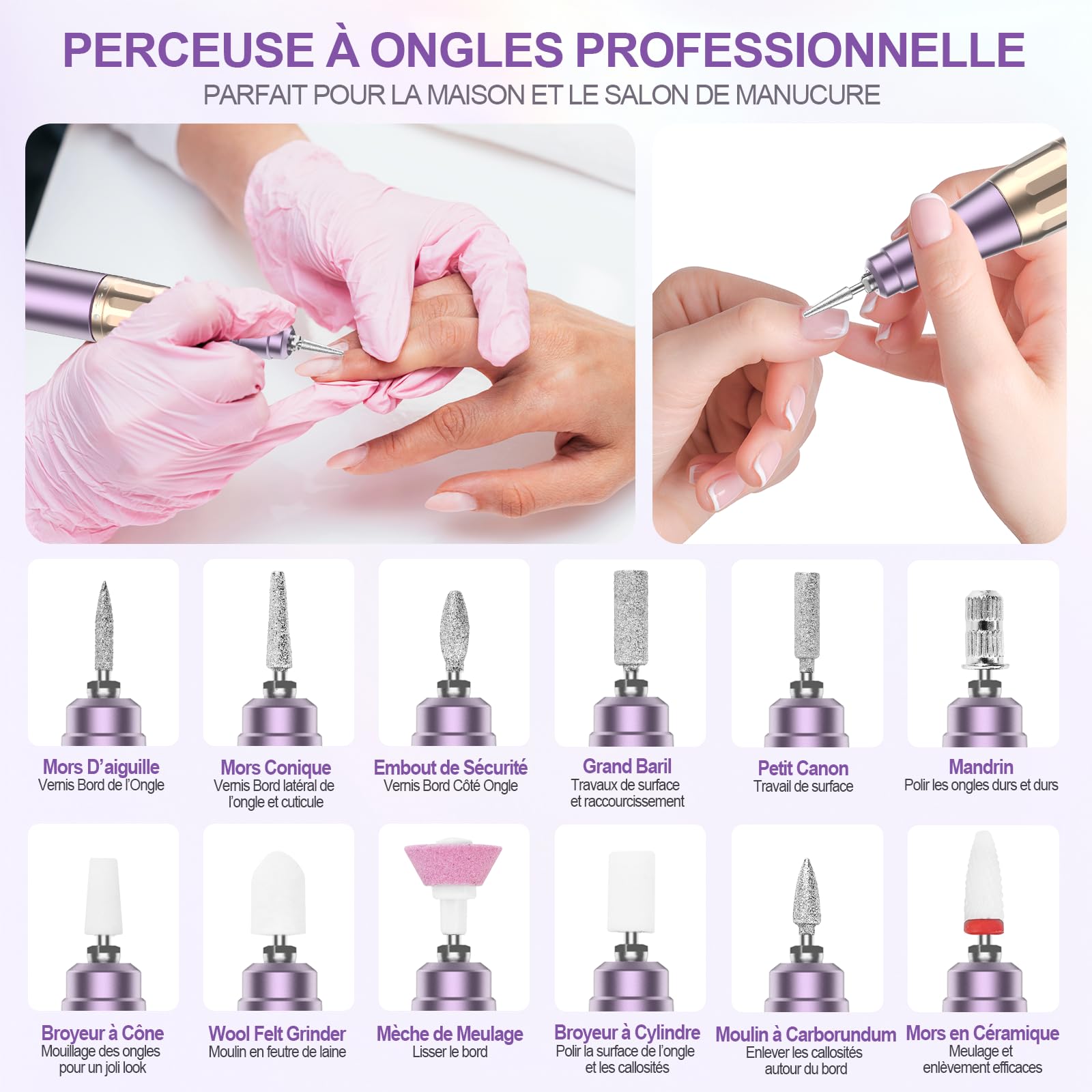 Ponceuse pour Ongles Professionnel 40000 tr/min, 12 en 1 Ponceuse Ongles pour Acrylique/Gel, Lime a Ongle Electrique Portable Rechargeable, Set Manucure Pédicure pour Salon/Maison (Violet)