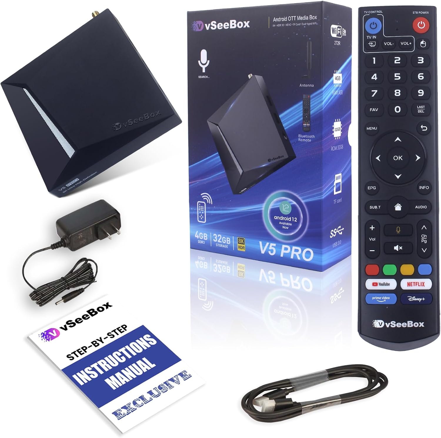 2025 (Newest) Pro V5 6K with Voice Control Remote (Easy Setup Guide by Seller, US Tech Support) - Android 12, Quad-Core,4GB RAM, 32GB Storage