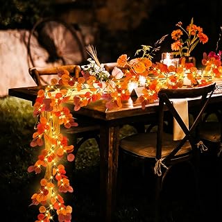 6FT Lighted Fall Eucalyptus Garland with Timer & 100 LEDs & 8 Flashing Lights Battery Operated Fall Vine Garland with Lights for Autumn Home Fireplace Mantel centerpieces Thanksgiving Decor