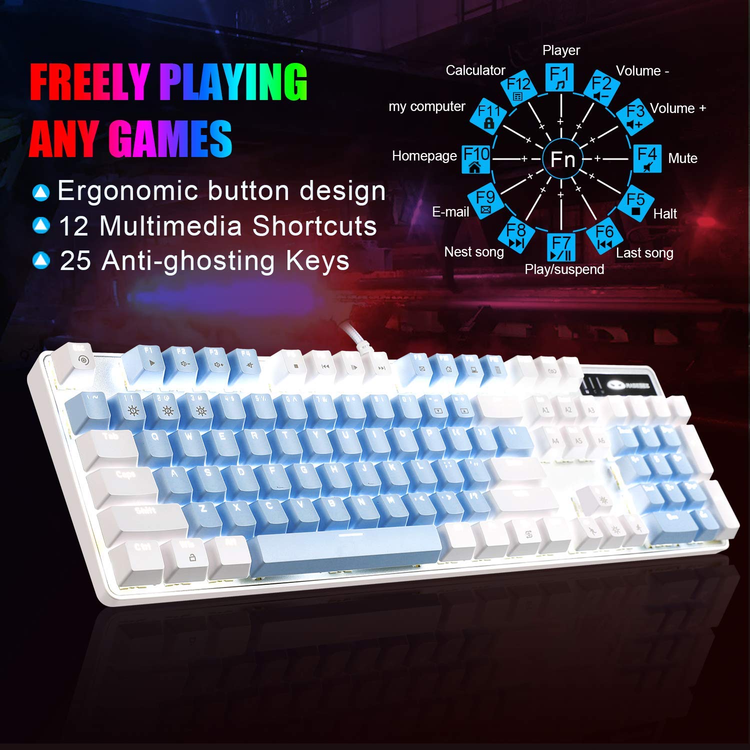MageGee Tastiera meccanica da gioco, 104 tasti, tastiera meccanica retroilluminata bianca, con interruttori rossi e tasti a doppio scatto, tastiera ergonomica cablata per computer desktop, PC gamers