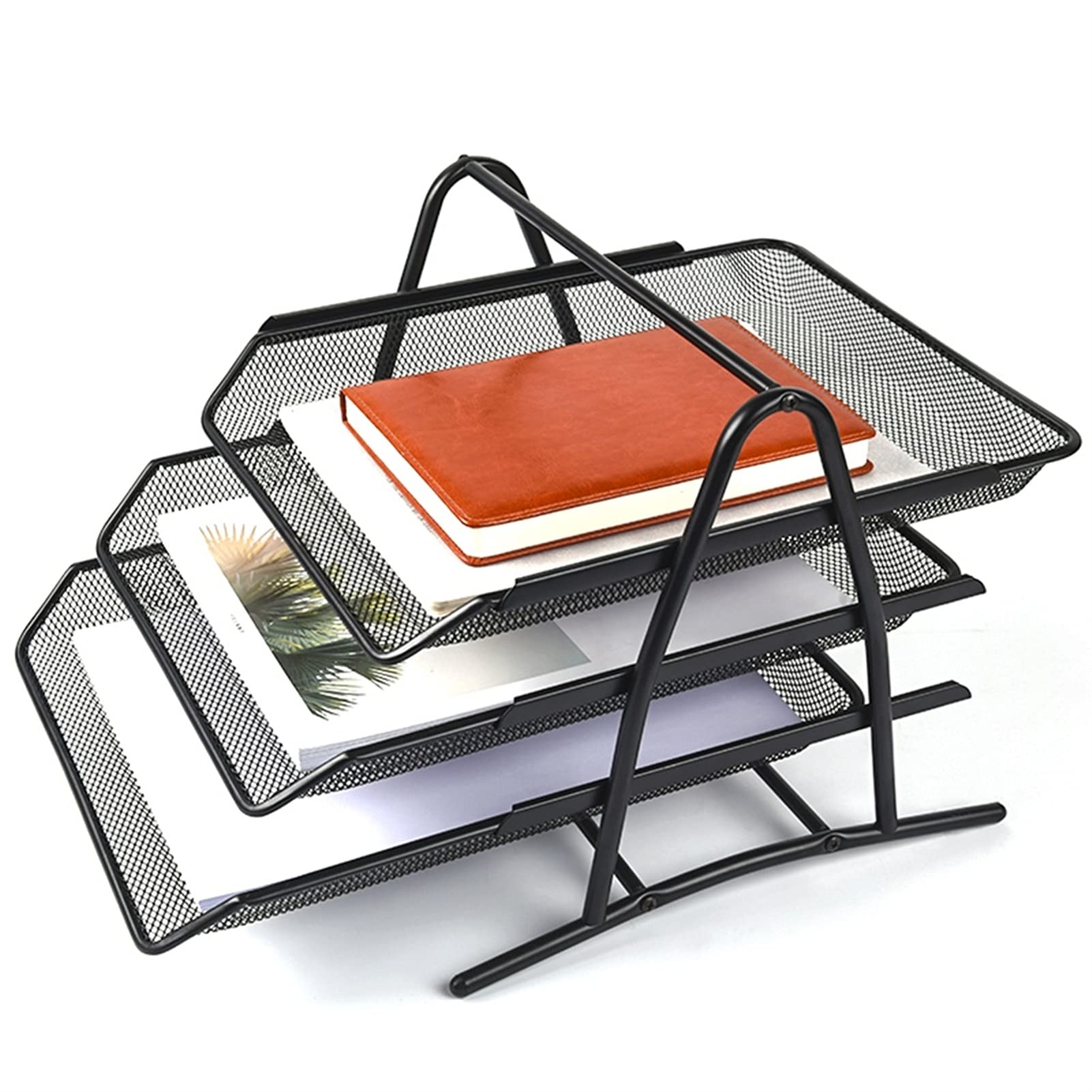 Stapelbarer Briefkorb aus Netzgewebe für den Schreibtisch, schwarz, A4-Dokumente, Briefpapier, Drahtgeflecht-Aufbewahrungsorganizer, 3-stufiger Büro-Ablagekorb, 29 x 35 x 32 cm, für Aktenhal