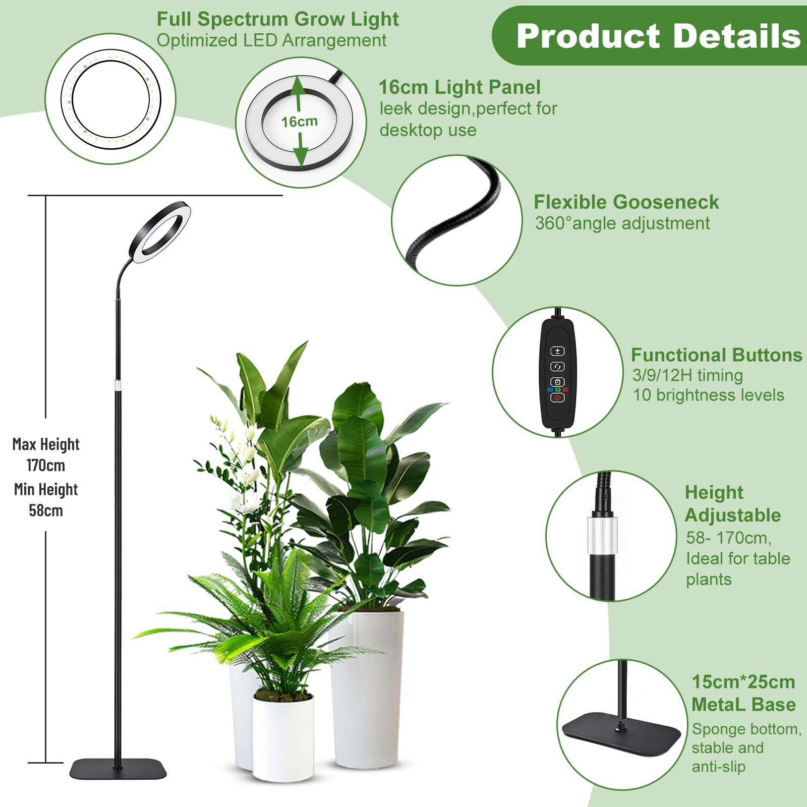 Neueste Pflanzenlampe, 96 LEDs Vollspektrum Pflanzenlich mit Standfuß, 3 Farben Grow Light mit 3/9/12H Auto-Timer & 360° flexibler Schlauch, 58-170 cm Höhenverstellbar für Zimmerpflanzen