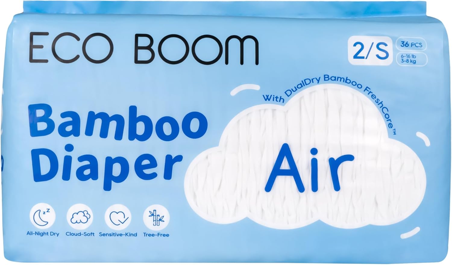 ECO BOOM Air Diapers, Bamboo Viscose, Tree-Free & Gentle for Sensitive Skin, Ultra Soft & Breathable, Reliable Overnight Protection, Size 2, 6-16 lbs