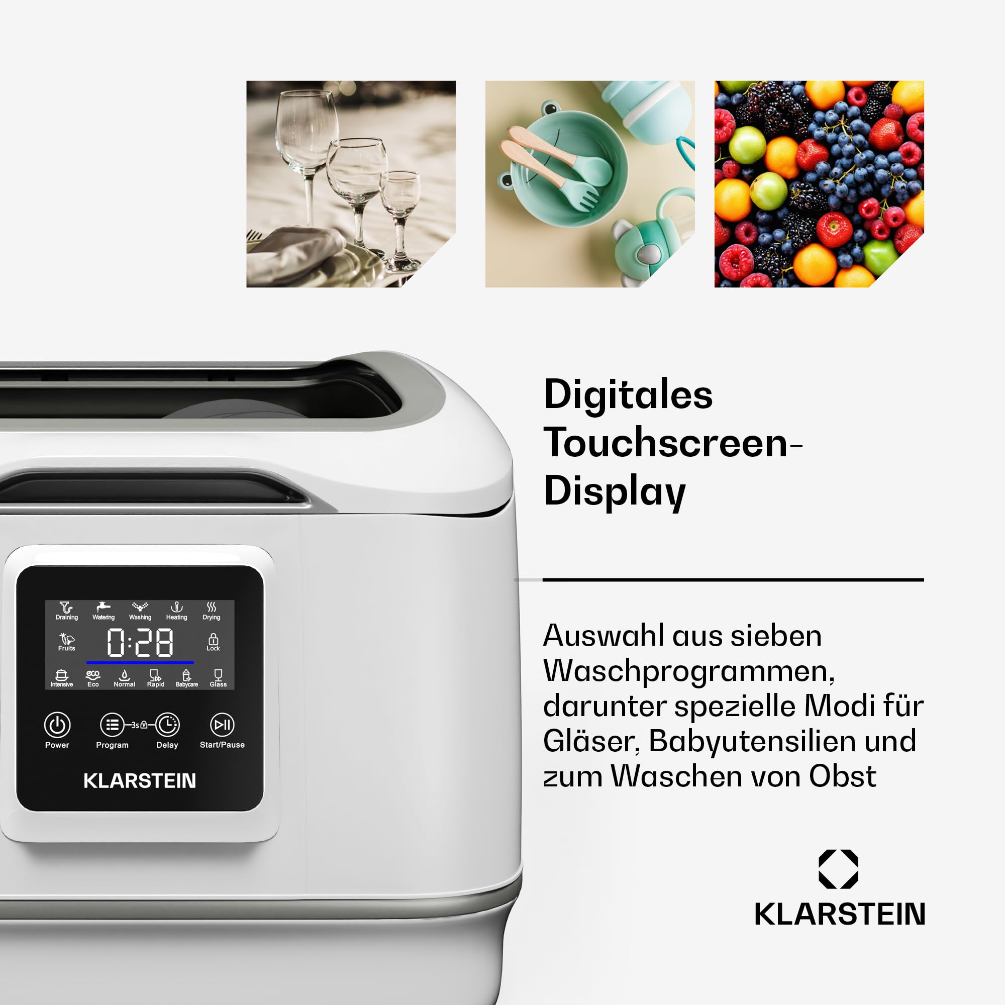 Klarstein SilentScrub Tischgeschirrspüler - kompakte & tragbare Tischspülmaschine für 3 Gedecke, 7 Programme & digitaler Touchscreen - leiser Betrieb bei 55 dB