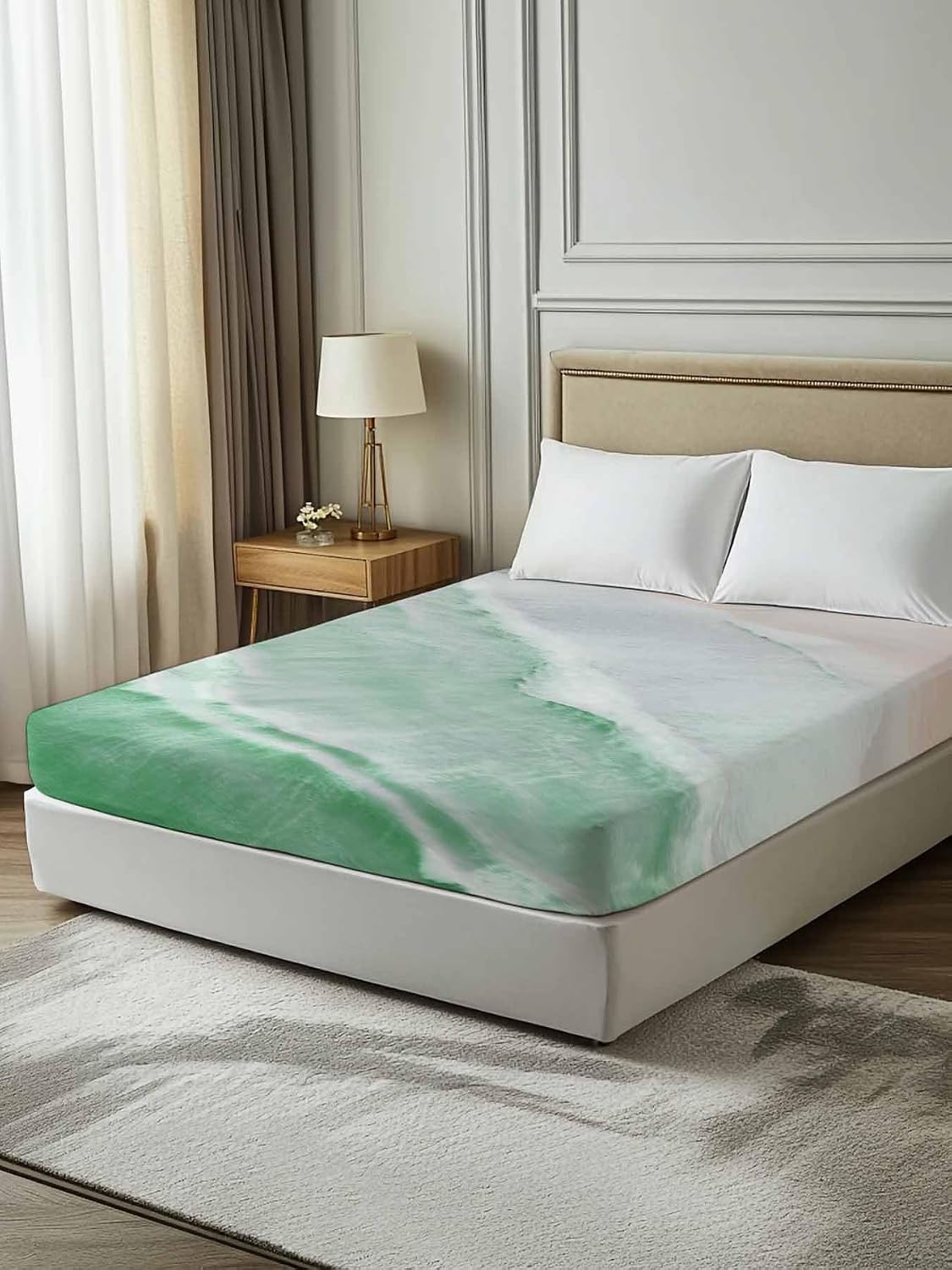 Top Sheet Full Bedding Flat Sheet Only, Ombre Sage Green Waves Microfiber Bed Sheets Soft Breathable Bedding Flat Sheets, Abstract Bohemian Beach Hotel Luxury Top Sheets