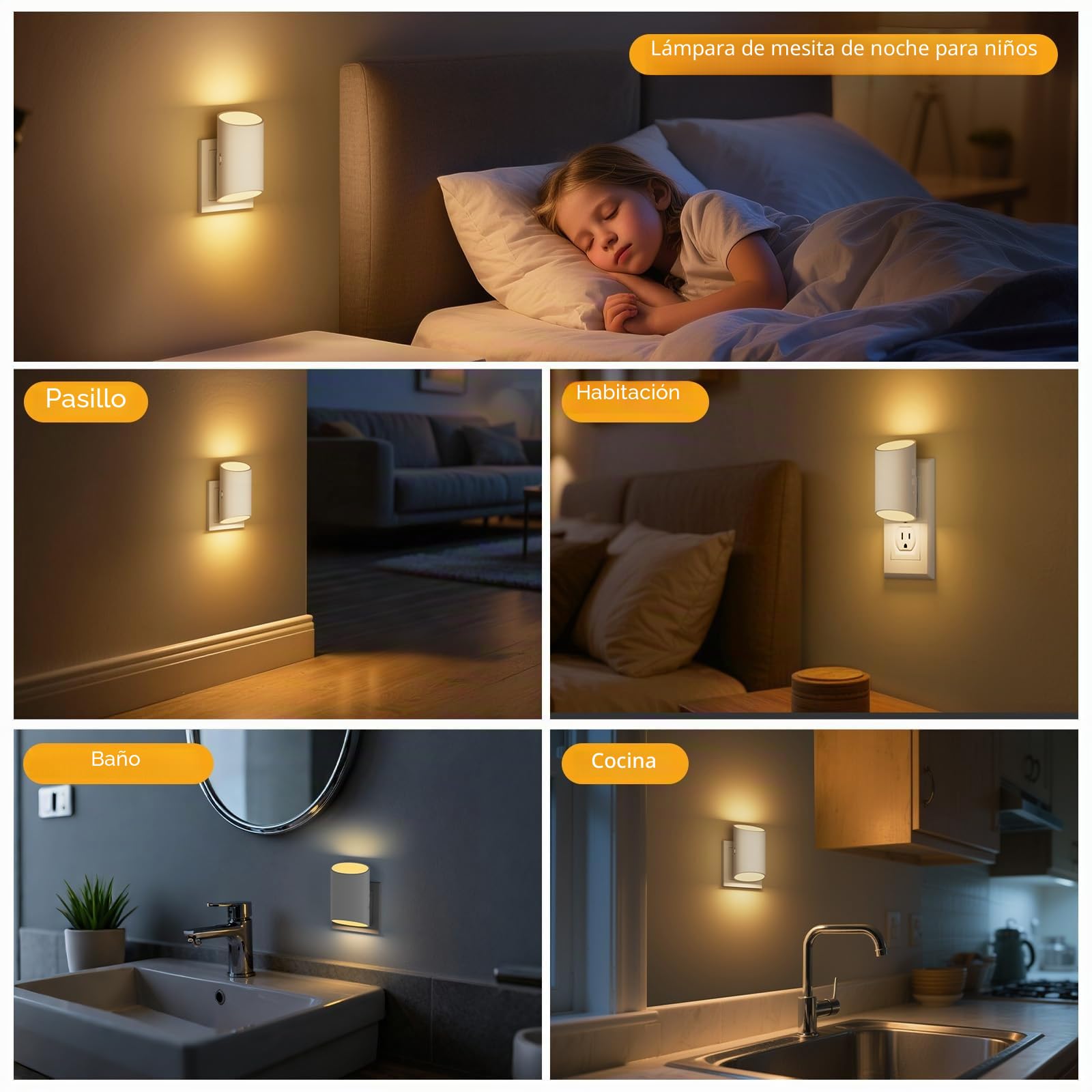 luz nocturna infantil, [2 Piezas] luz bebe nocturna con sensor de movimiento y sensor de luz, luz blanca cálida de 3000 K, regulable 1-100 LM, adecuada para habitación de niños, pasillo, escalera