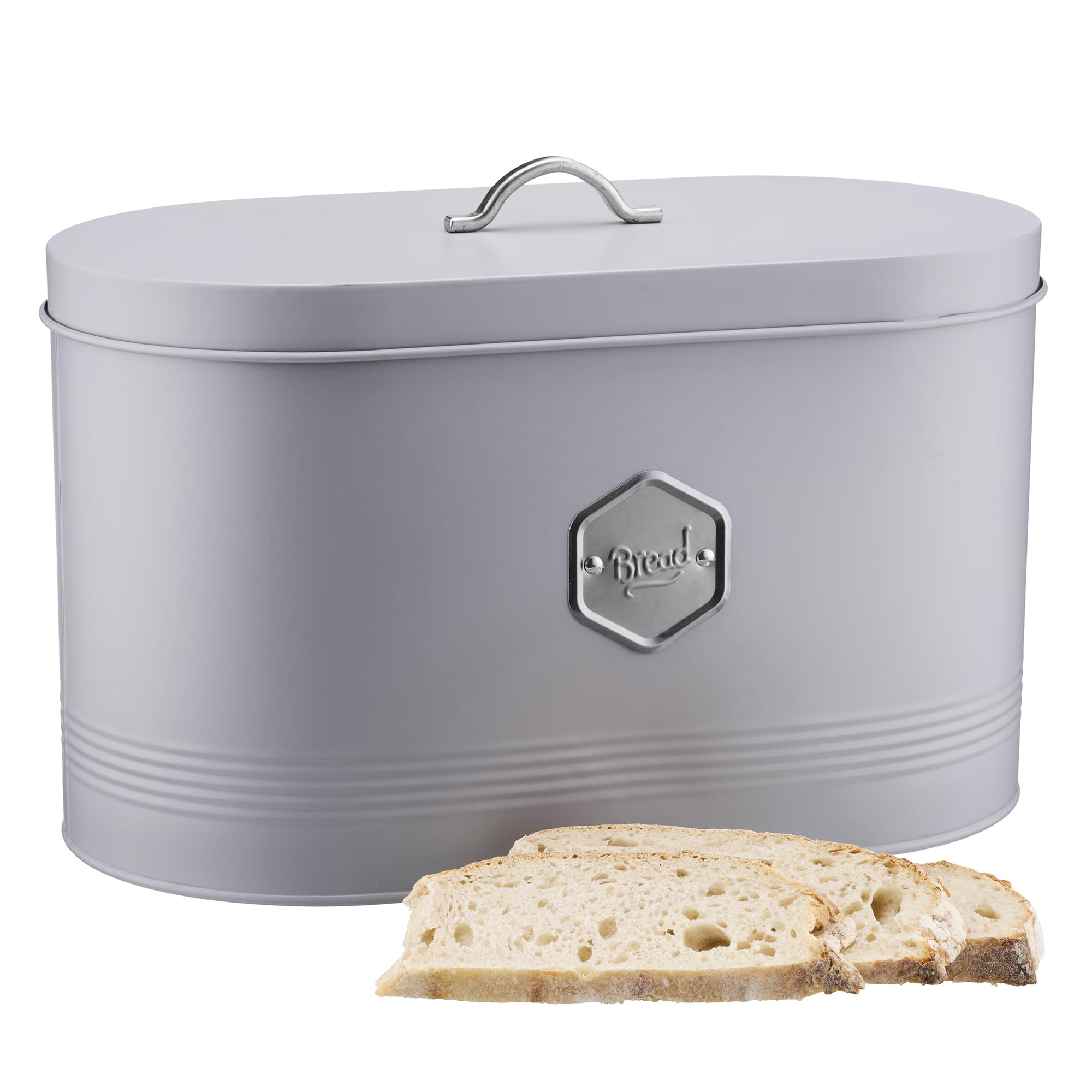 Cooks Professional Metal Bread Bin - Grey - Kitchen Storage Canister with Silver Nameplate