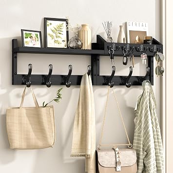 Evermagin 29" Coat Rack Wall Mount with Shelf & 11 Hooks, Entryway, Black