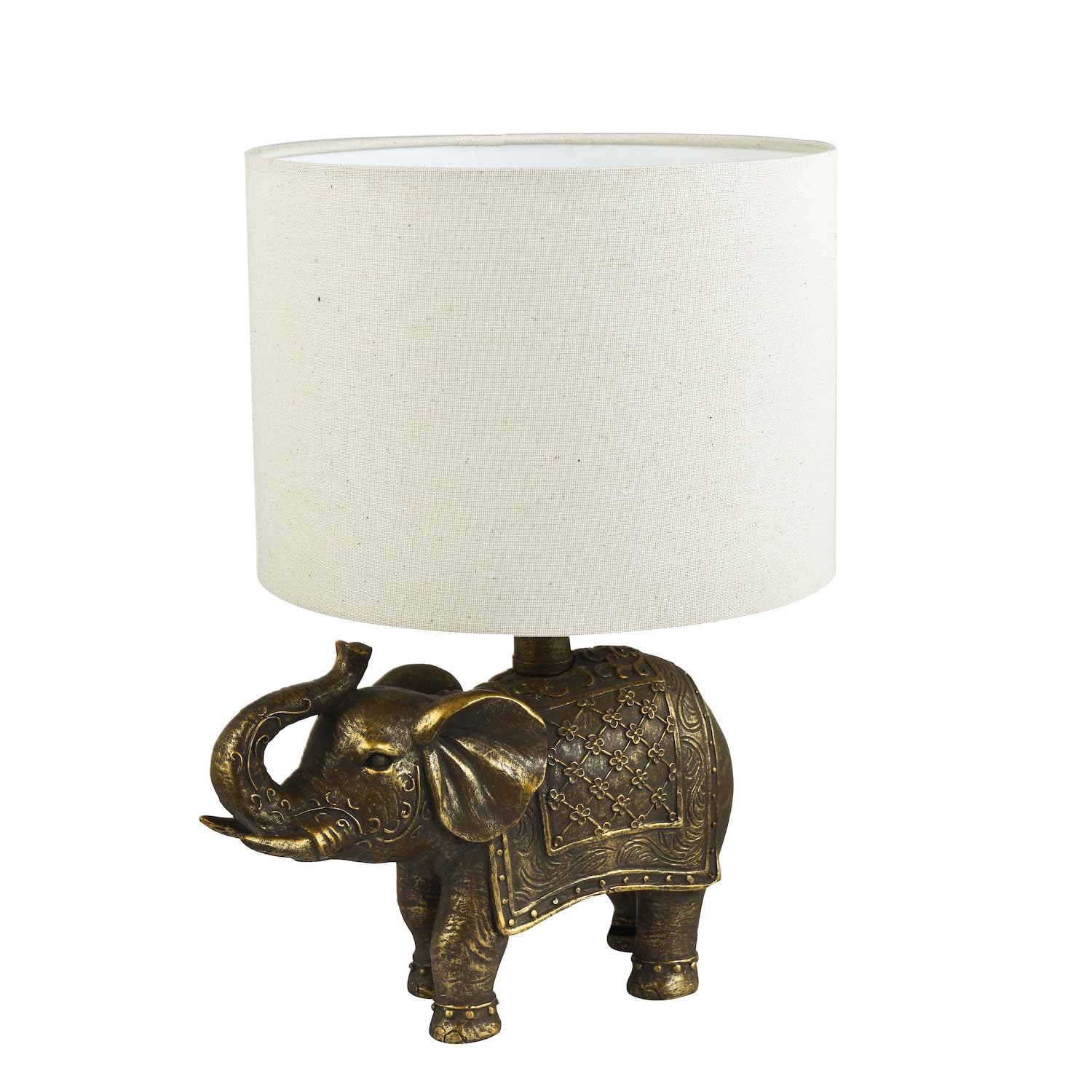 Antique Gold Vintage Elephant Resin Table Lamp with Off-White Oatmeal Linen Drum Lamp Shade | 38cm x 25cm by Happy Homewares