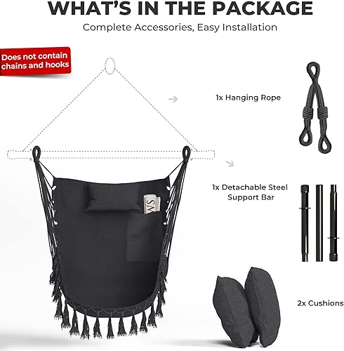 Miniatura 7 de Giantex Silla colgante hamaca columpio  con barra colgante de acero resistente, cómoda almohada para reposacabezas, 2 cojines, columpio de macramé