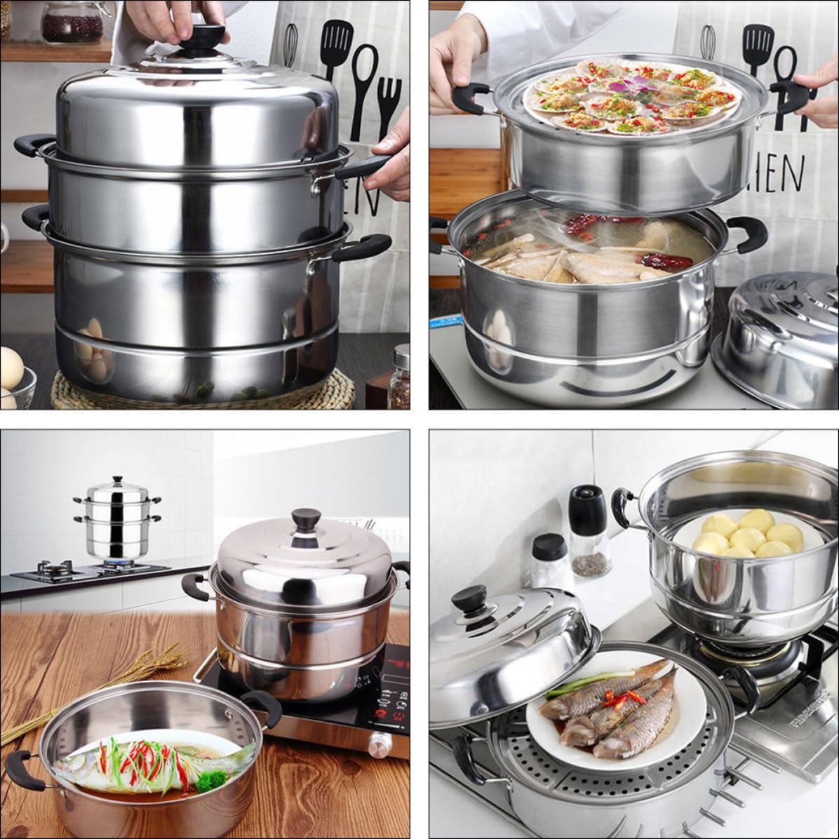 jojofuny Vaporera de Acero Inoxidable Utensilios de Cocina para Cocinar al Vapor Hogar de 3 Capas Resistente a Altas Temperaturas Color Aleatorio para Cocina a Gas
