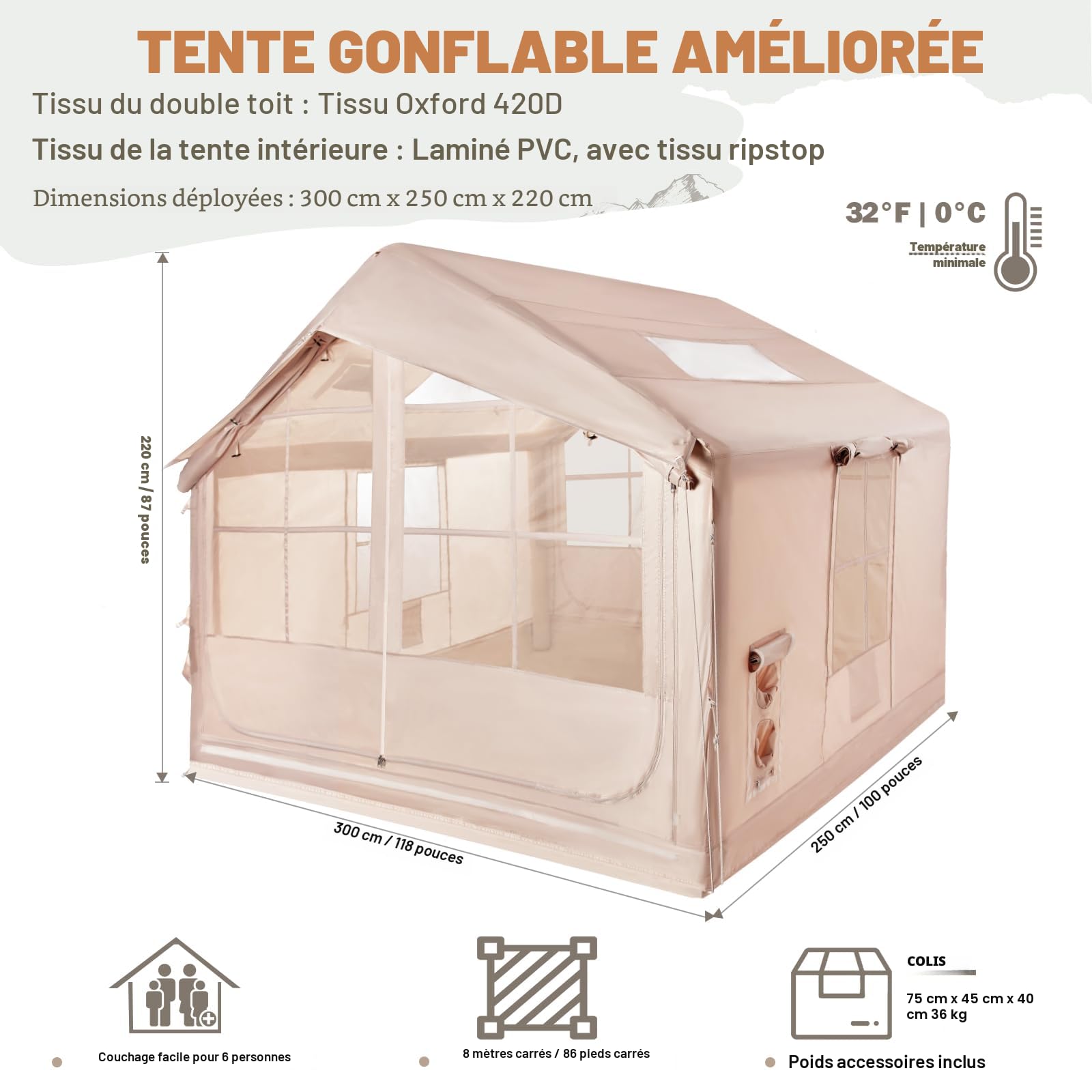 Tente de camping gonflable avec ouverture de cheminée et fenêtre de toit, tente d'extérieur pour 2 à 10 personnes, avec pompe à air, en tissu Oxford imperméable, pour 4 saisons, montage rapide