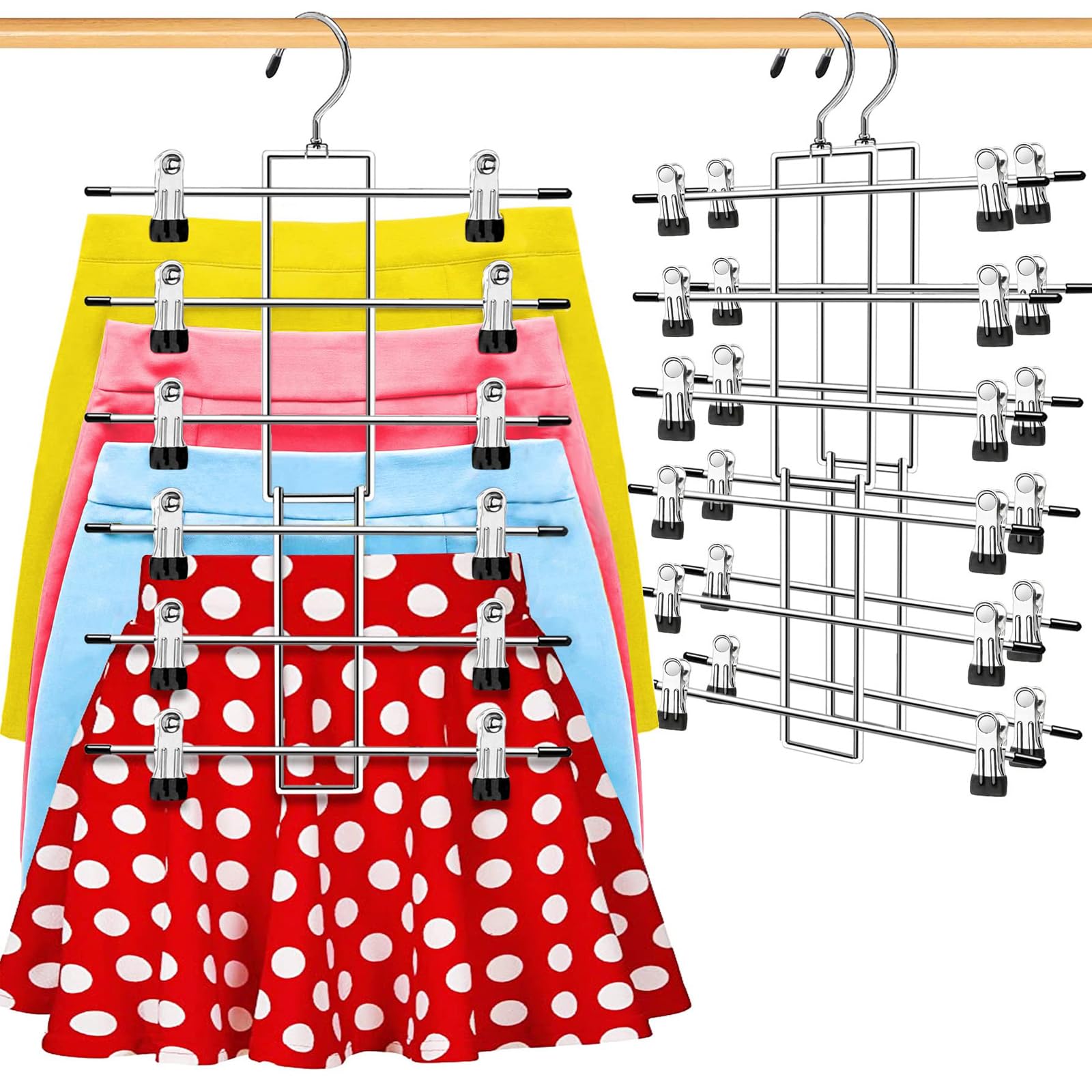 2 Pack Trouser Hangers Space Saving, Metal Space Saving Skirt Hangers with Clips-Adjustable 6 Layers Non-Slip Heavy Duty Chrome Clothes Hangers Clothes Hook for Wardrobes.