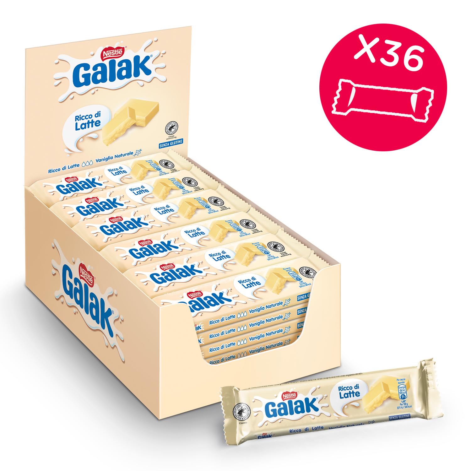 GALAK Barretta Cioccolato Bianco, 36 Barrette da 40g (1,44kg)