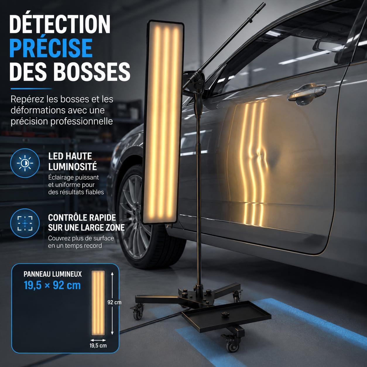 Lampe de détection de bosses pour voiture, lampe de détection de bosses LED 10 W, panneau lumineux à 360° Lampe réflectrice professionnelle pour ateliers de réparation automobile, ateliers de