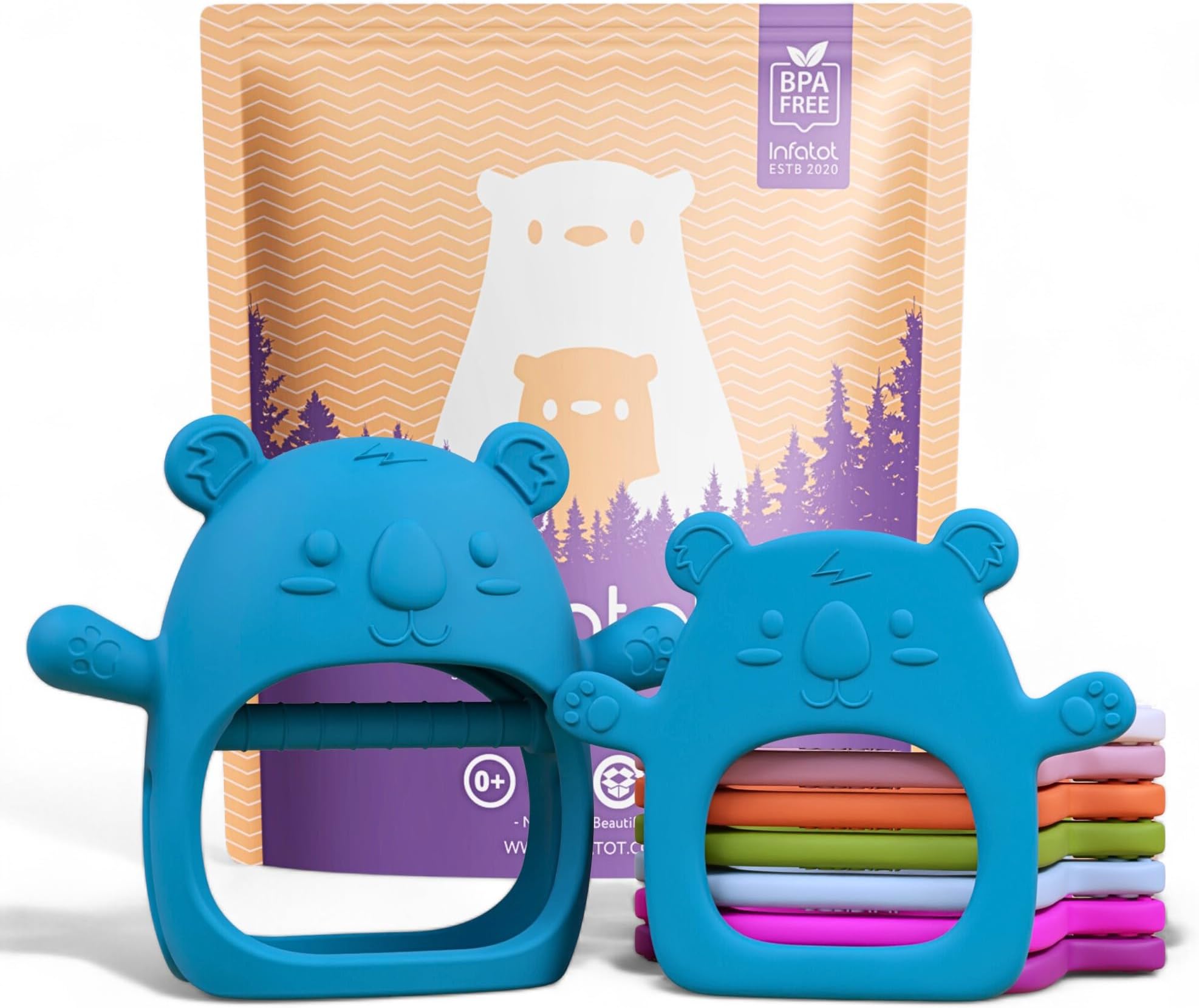 Infatot® Teething Toys for Baby Gifts – 2-Pack Koda Koala Teether Mitten Glove, Soothing Hand Teethers for Infants, Baby Toys 0-6 Months and Up, Newborn Essentials for Teething Relief, Teal Blue.