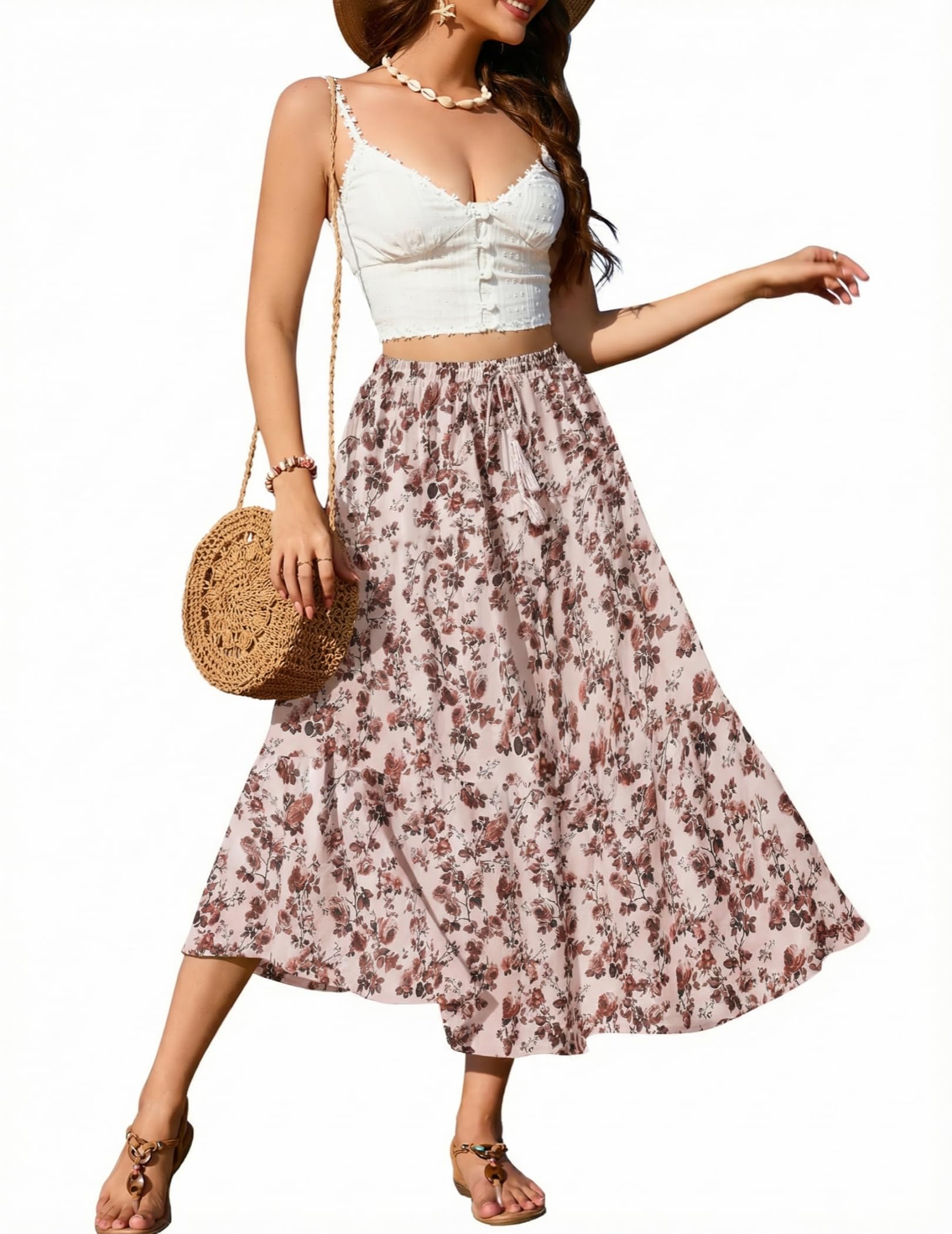 Zeagoo Jupe Femme Longue Elastique Élégante Taille Haute Maxirock avec Cordon Unie Casual Jupe de Temps Libre Mariage Cocktail