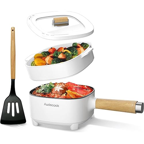 Audecook Hot Pot Electric 2L, Cermic Glaze Non-Stick Frying Pan 8 Inch, Portable Travel Cooker for Ramen/Steak/Fried Rice/Oatmeal/Soup, with Dual Power Control (Silicone Spatula Included)