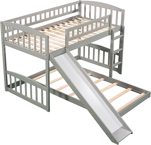 Miniatura 13 de Harper & Bright Designs Cama baja de tamaño individual con tobogán y escalera, cama alta junior para niños, cama alta de madera individual para
