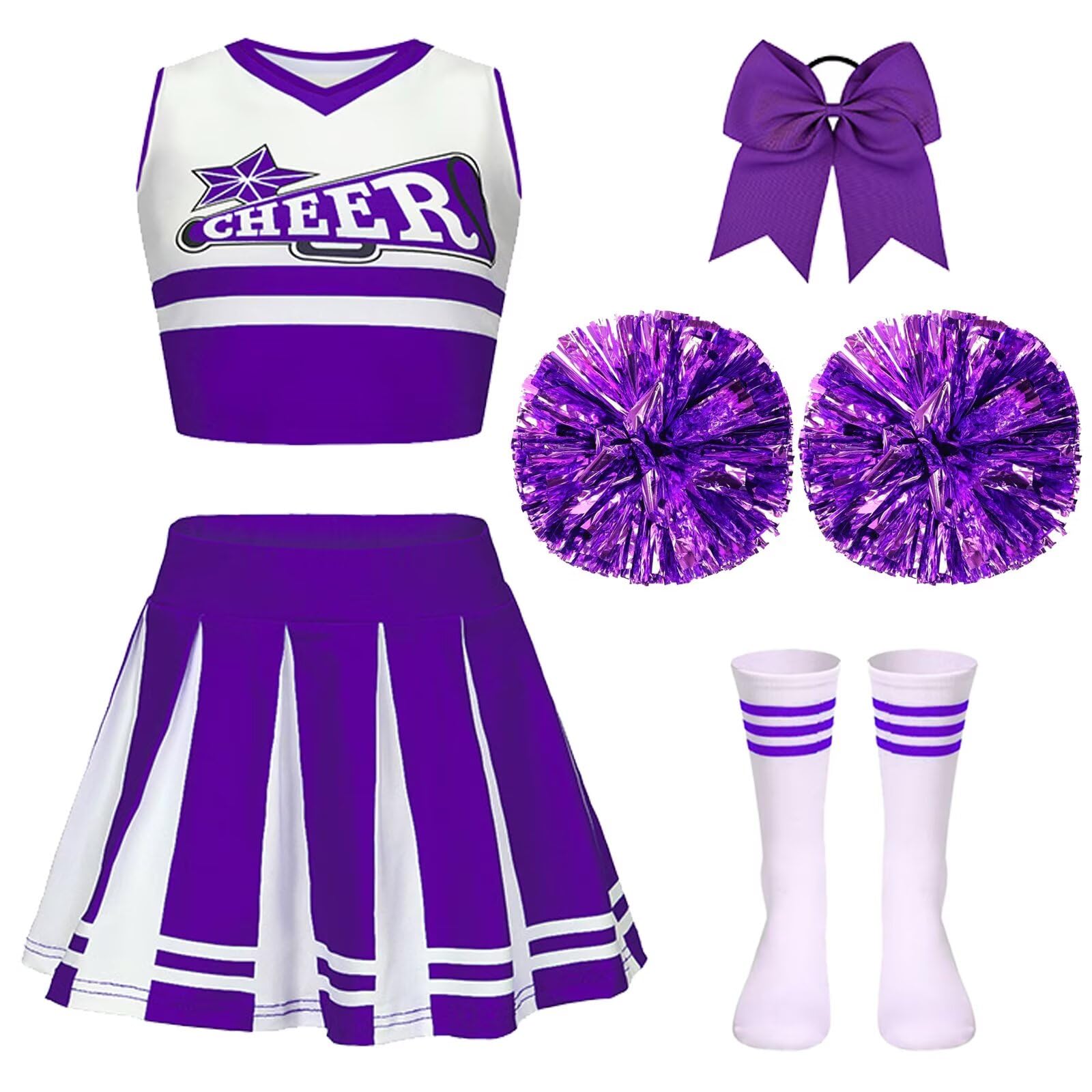 PIXUYE Pompom Carnival Girl Costume Cheerleader Costume with Barrette Bow Cheerleader Baton Pompoms and Socks, Cheerleader Uniform for Halloween Carnival Parties, Purple 110