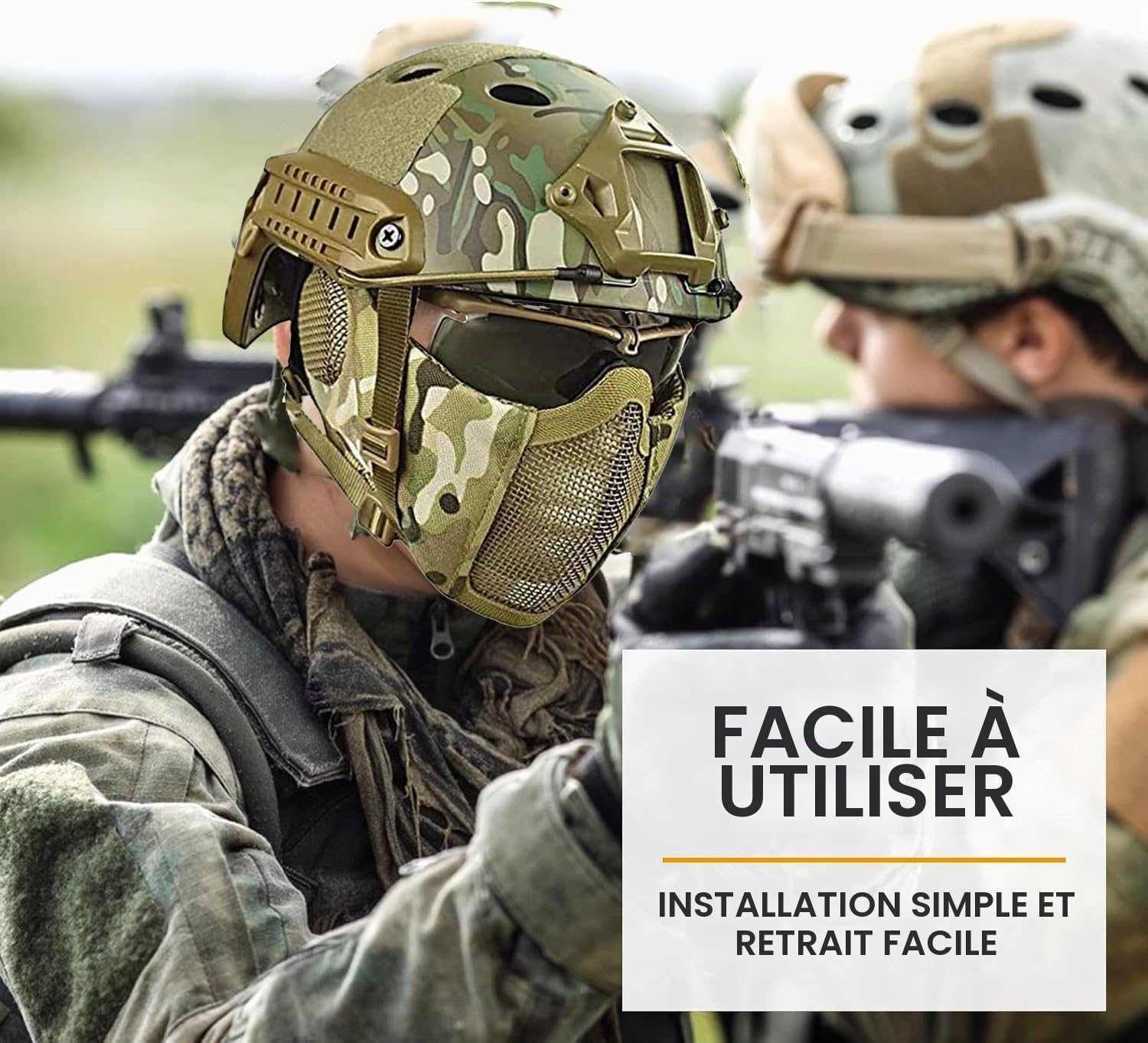 Casque Fast Tactique MH Combiné, avec Protection des Oreilles Pliable, Demi-Masque et Lunettes de Protection pour l'ensemble de Jeu Airsoft Paintball CS