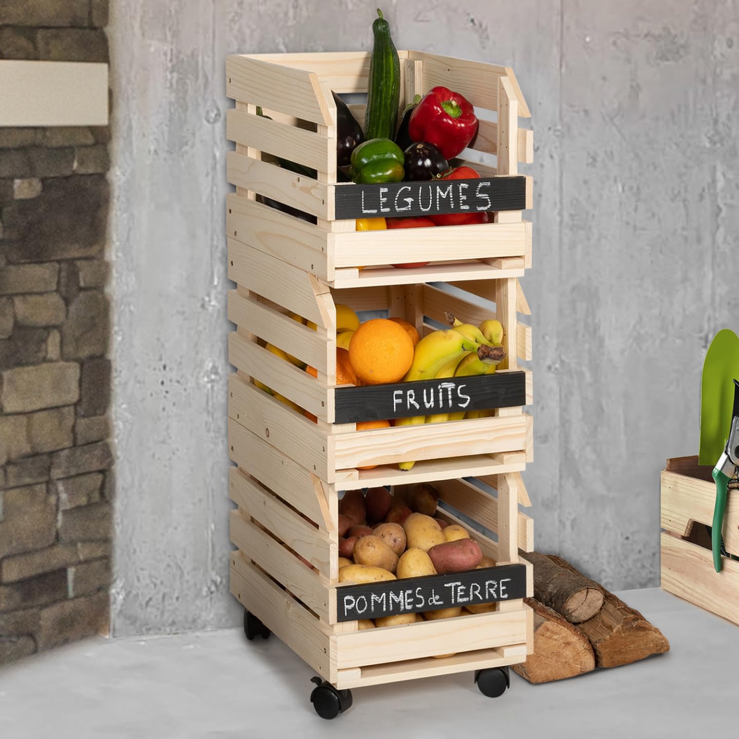 IDMarket - Carrello portavivande con 3 cestelli in legno per frutta e verdura
