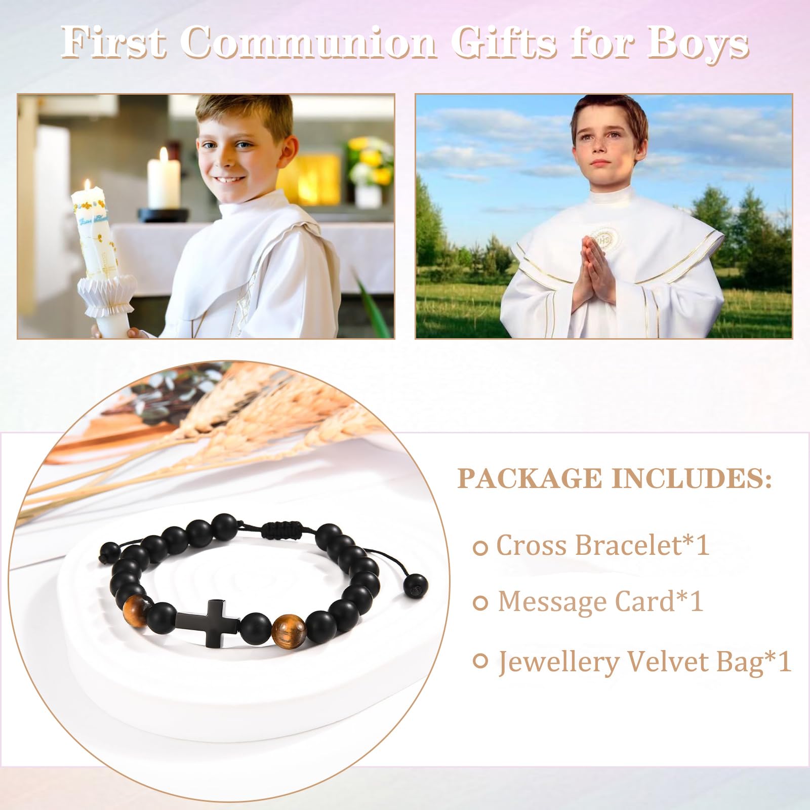 Cadeau de confirmation de première communion pour garçons – Bracelets en croix pour fils, petit-fils, frères, neveu – Bracelet d'anniversaire de Noël pour garçons – Bijoux religieux pour