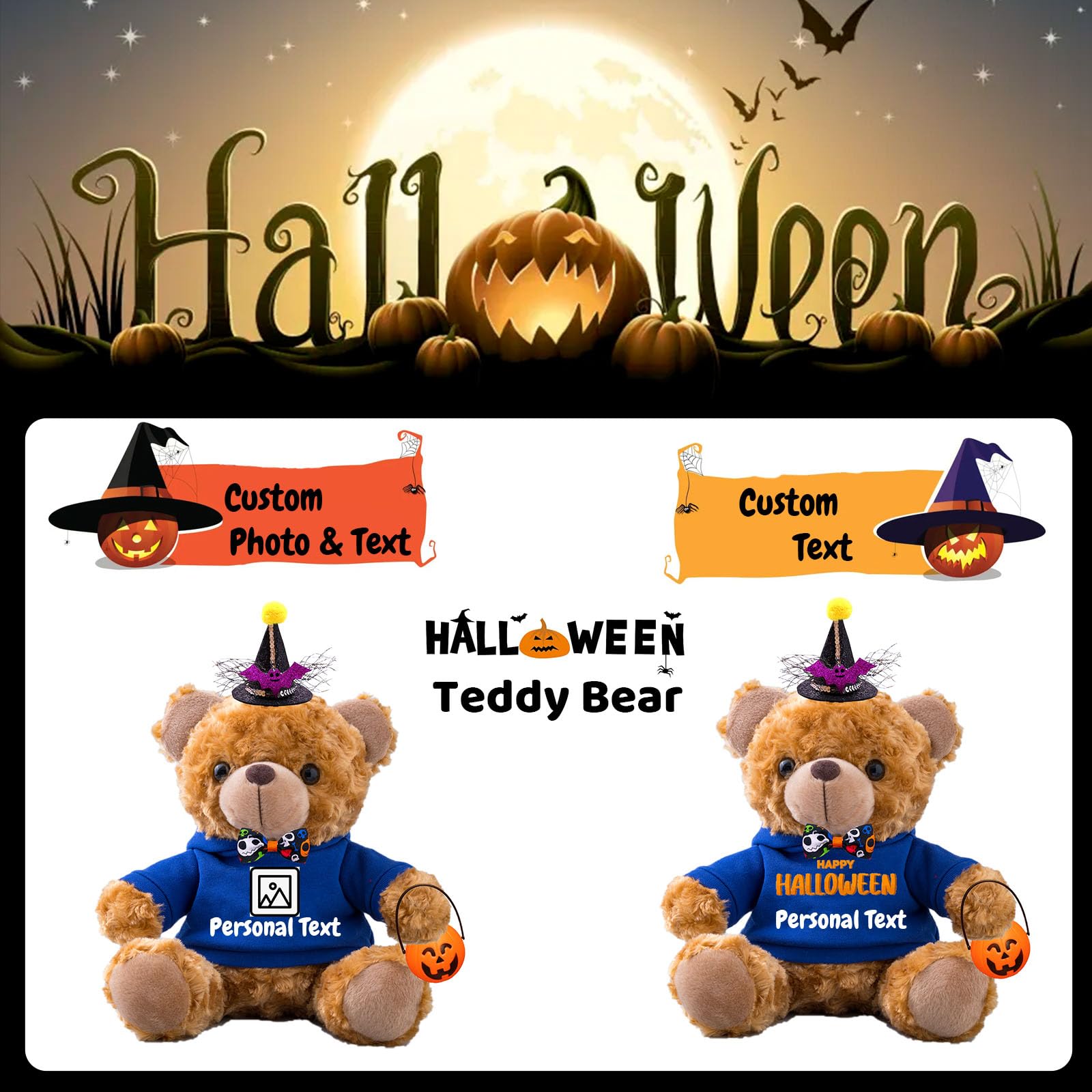 Personalized Halloween Teddy Bear - Custom Text Plush Toy With Detachable Pumpkin, Hat & Bow (10 Inch)