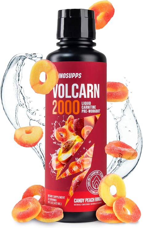 InnoSupps Volcarn 2000 - L-CARNITINE Advanced Energy Liquid | ATP Enhancer with GBEEC | Boosts Energy, Enhances Focus, Caffeine Free, No Artificial Sweeteners | 32 Servings (Candy Peach Rings)