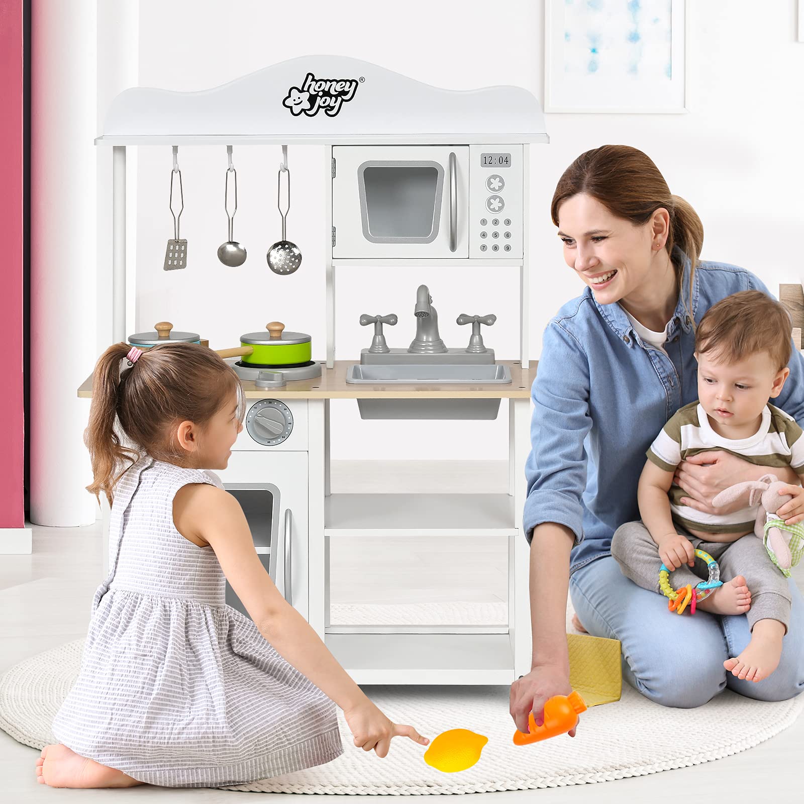 COSTWAY Cucina Giocattolo per Bambini, Cucina per Bambini in Legno con Forno, Microonde, Lavello e Rubinetto, con Accessori, Pentole e Utensili per Cucinare, per bambini 3+ Anni