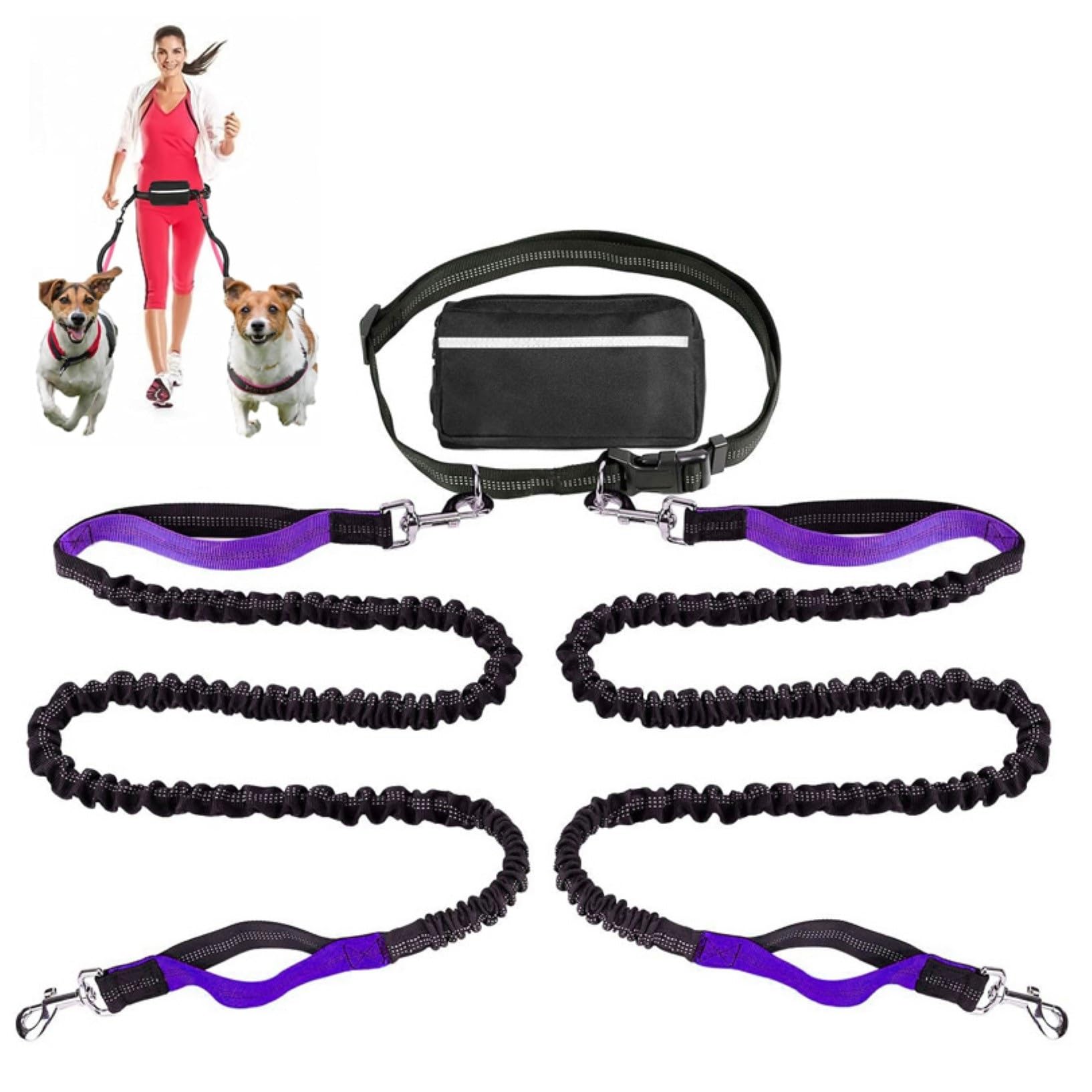 Laisse rétractable mains libres pour chien avec deux tendeurs pour 2 chiens, ceinture réglable pour la course à pied, la marche, la randonnée, le jogging, le vélo, couleur violette