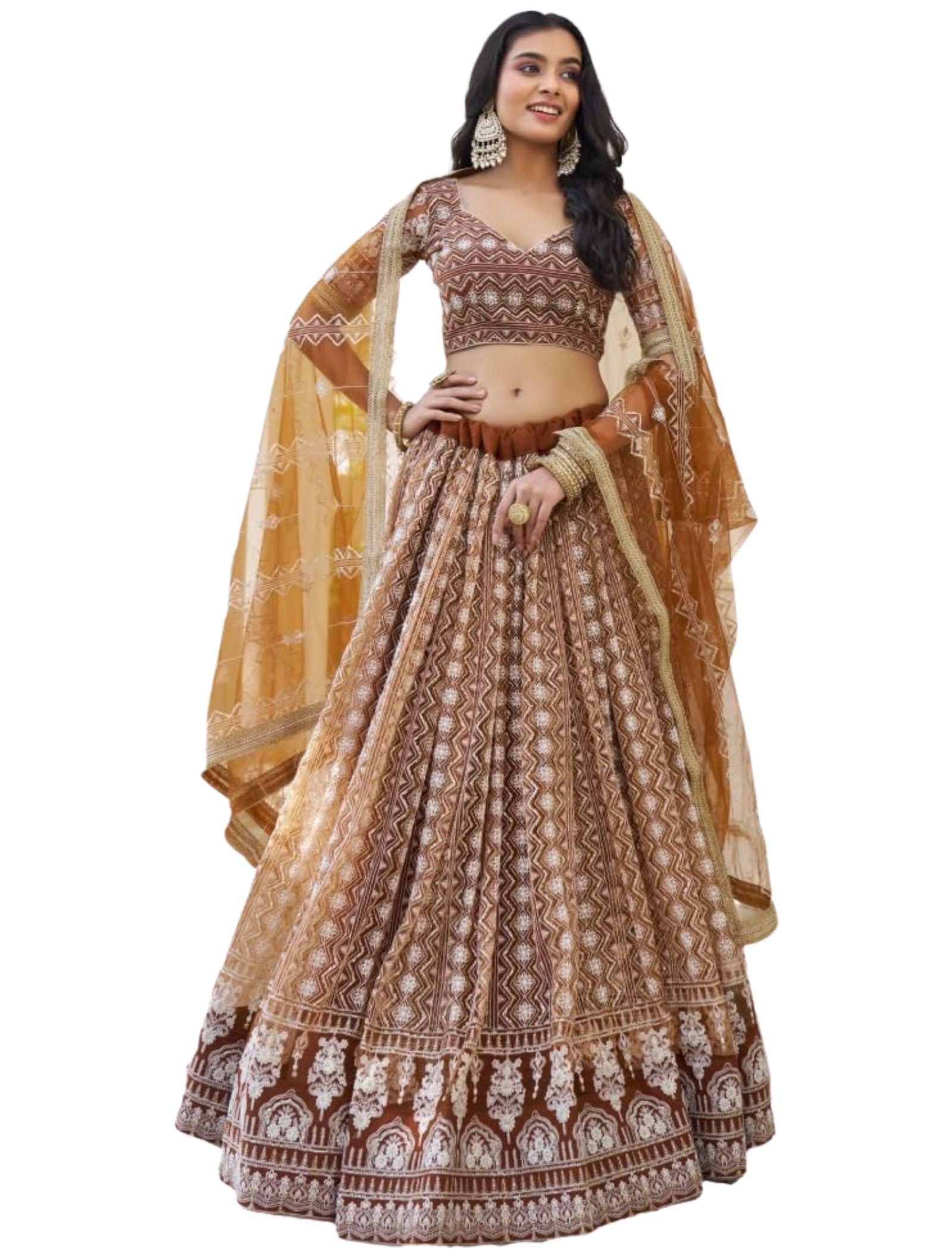 Women's Beige Net Lehenga Choli With Dupatta Designer Lahenga Choli-image-0