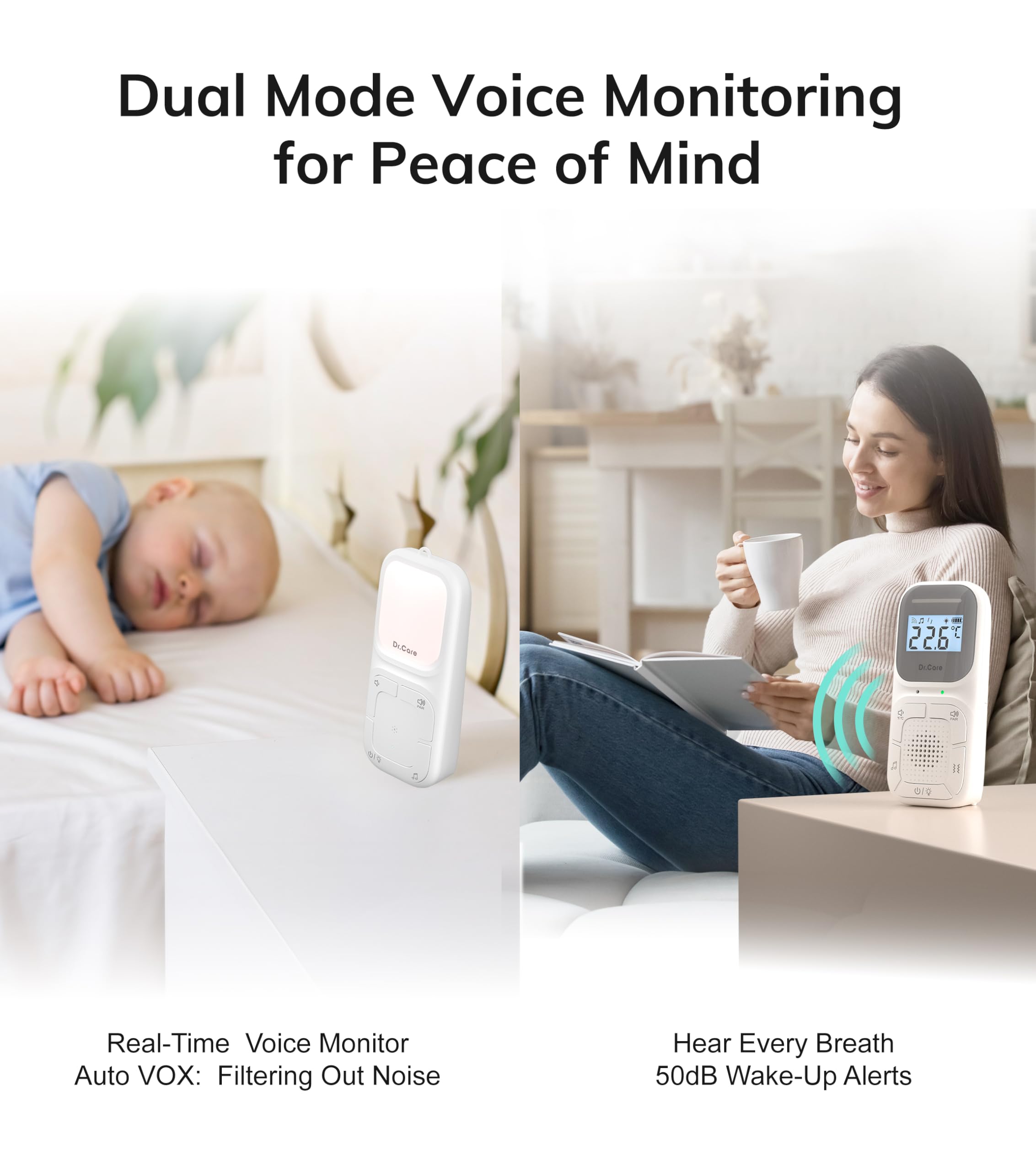 Dr.Care Neo Go Monitor Audio Portatile Bambini 300m, Batteria Giorno-Notte, Comunicazione Bidirezionale, VOX, Luce Notturna