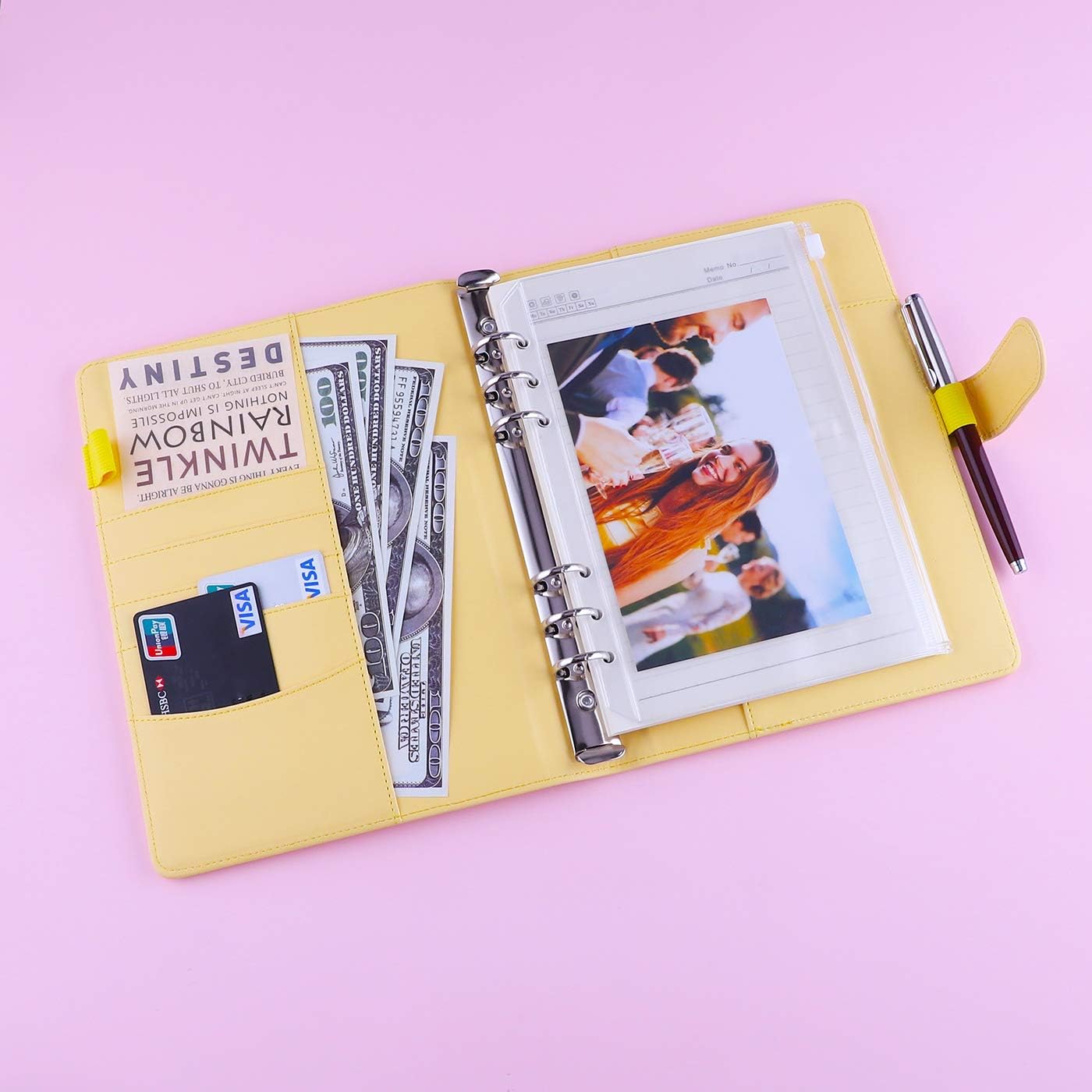 Antner A5 Notebook Binder 6 Ring Refillable Budget Planner Cover for Cash Organizer, PU Leather Aesthetic Photocard Holder Loose Leaf Small Binder with Magnetic Buckle for A5 Planner Inserts, Yellow